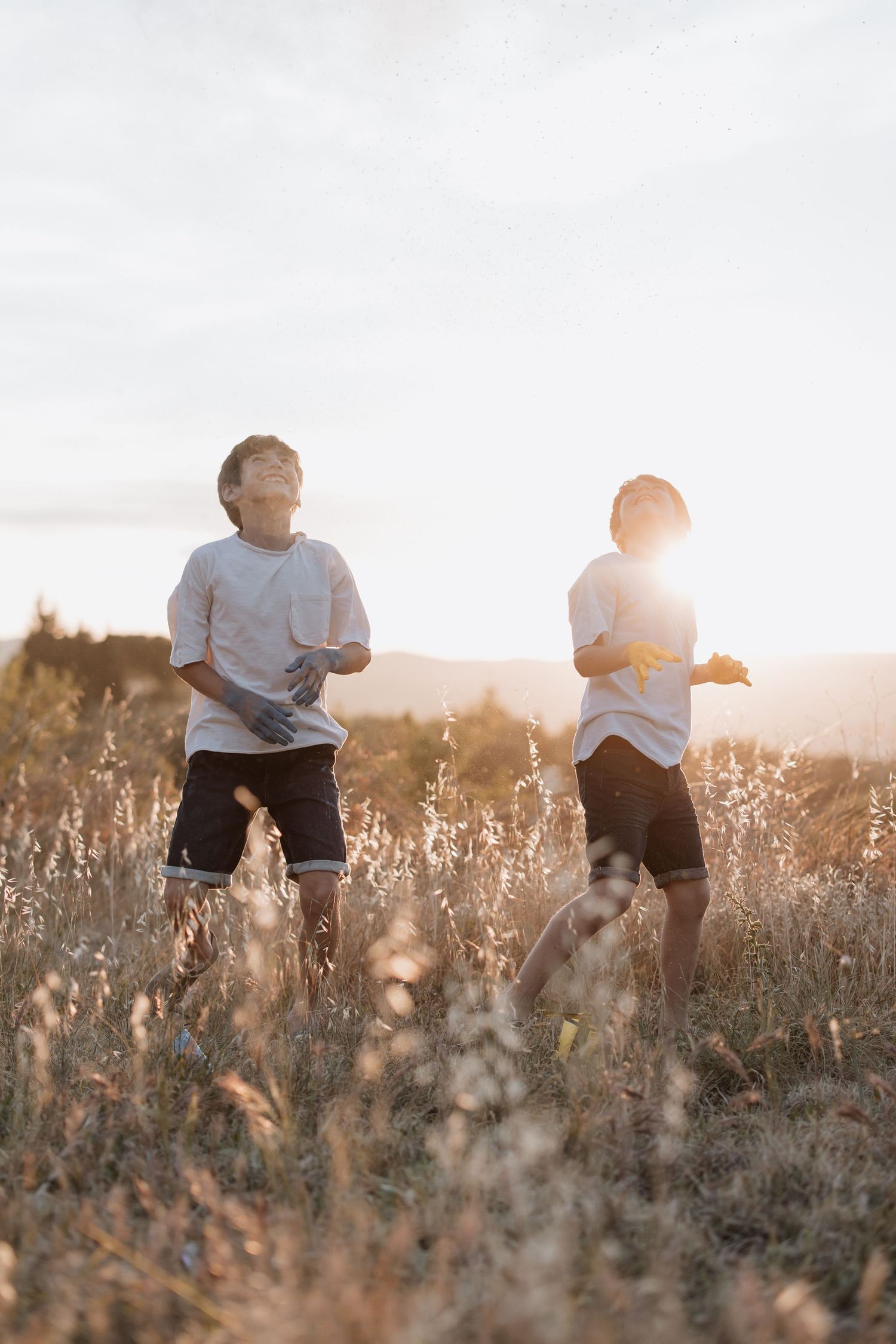 Two children in gray t-shirts stand in a golden sunlit meadow at sunset surrounded by tall grass and wildflowers.