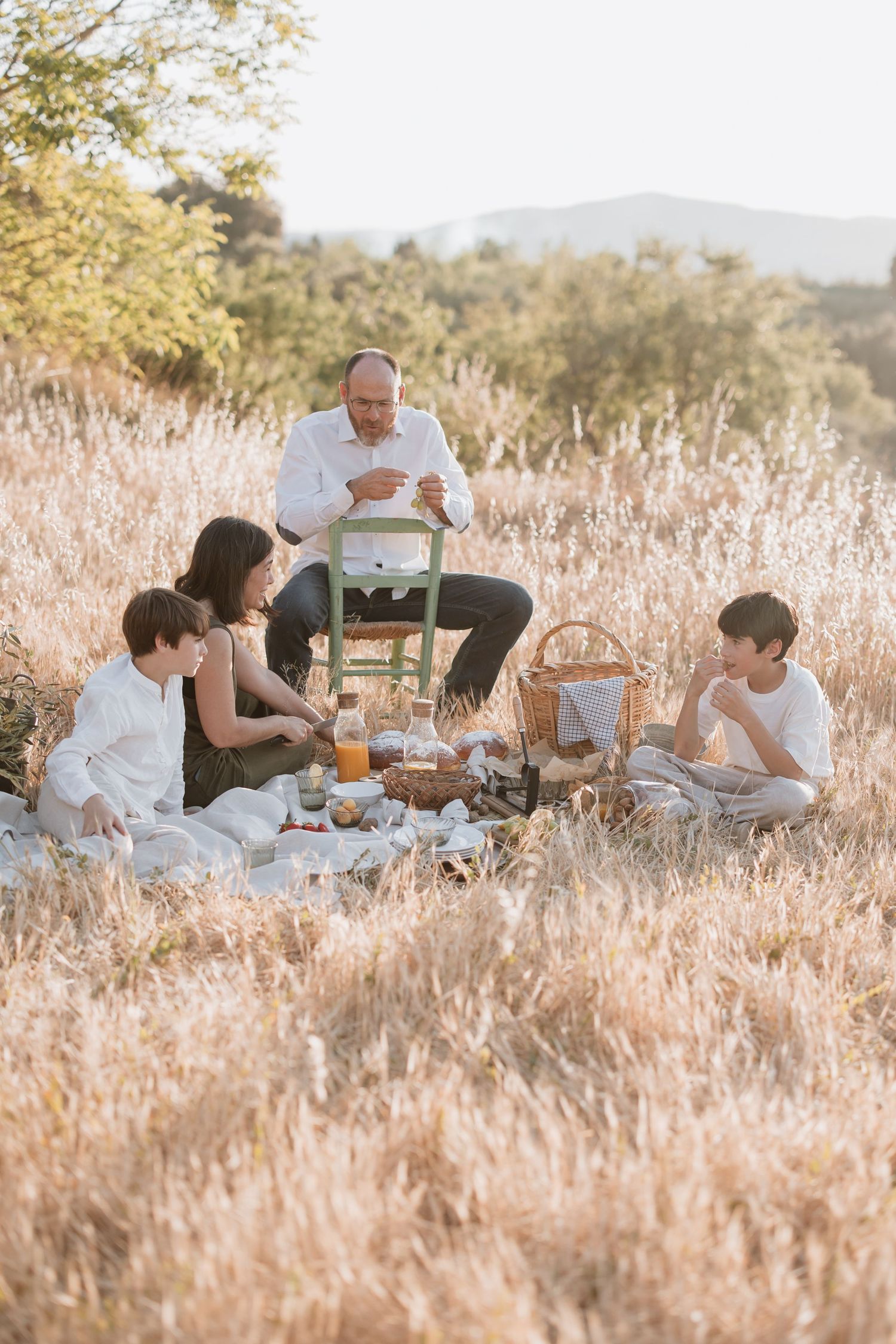 Group enjoying a peaceful outdoor picnic in a golden grassy field during sunset with mountains in background.