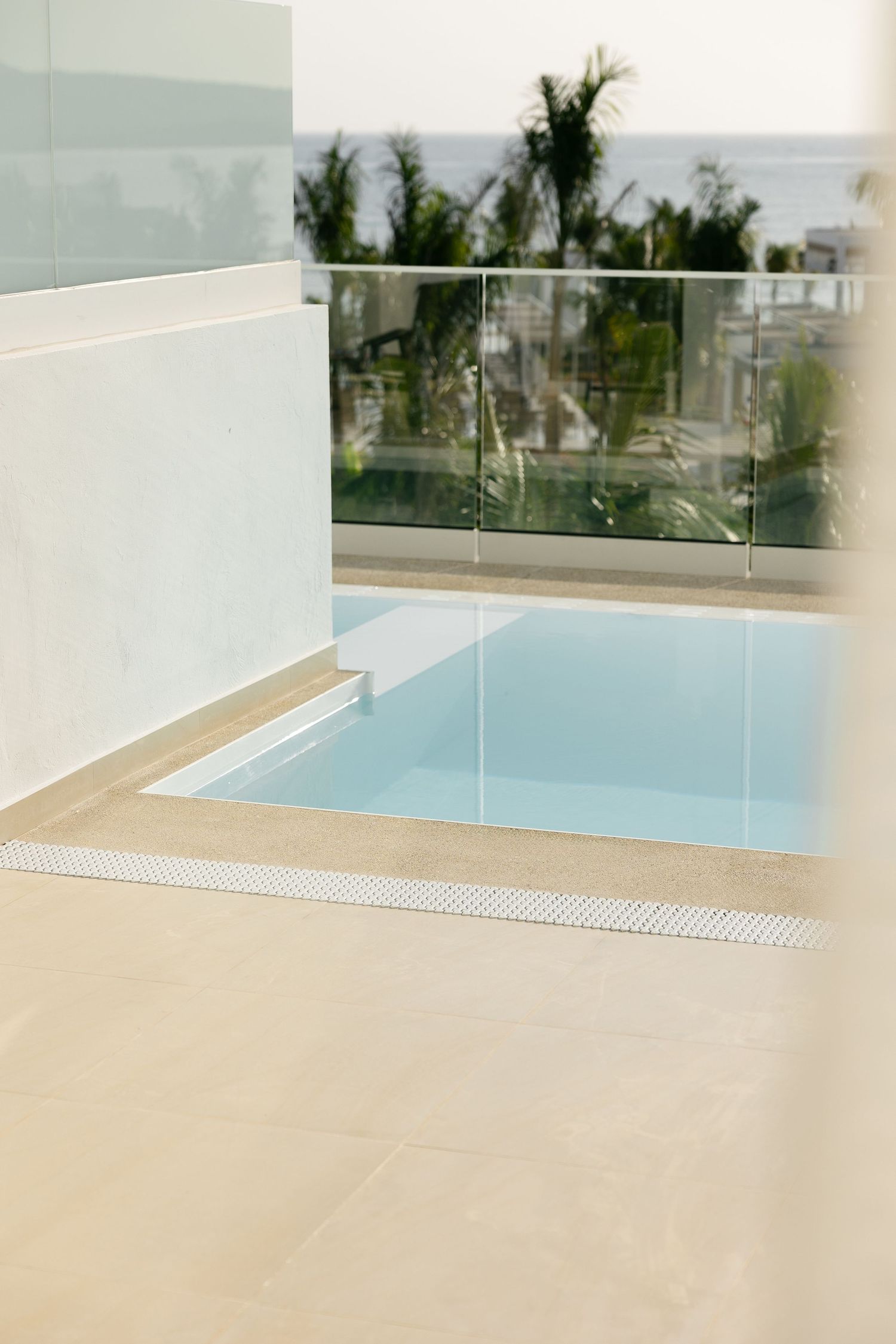 Minimalist pool deck with glass barriers and tropical landscape views.
