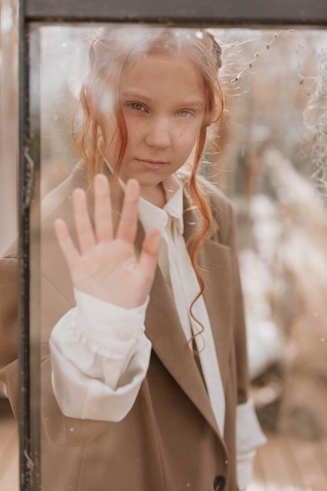 Ethereal portrait through glass showing white ruffled sleeves and a brown coat in warm lighting.