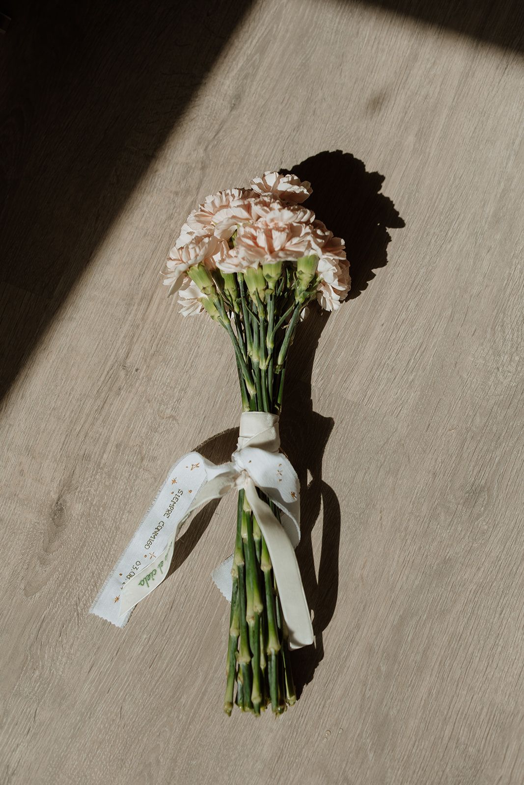 A bouquet of pink carnations tied with a white ribbon casting dramatic shadows on wooden floor.