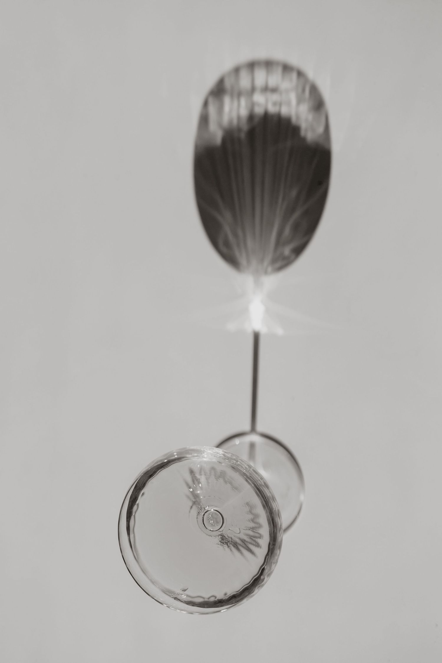 Artistic black and white photograph of wine glass creating shadow patterns.