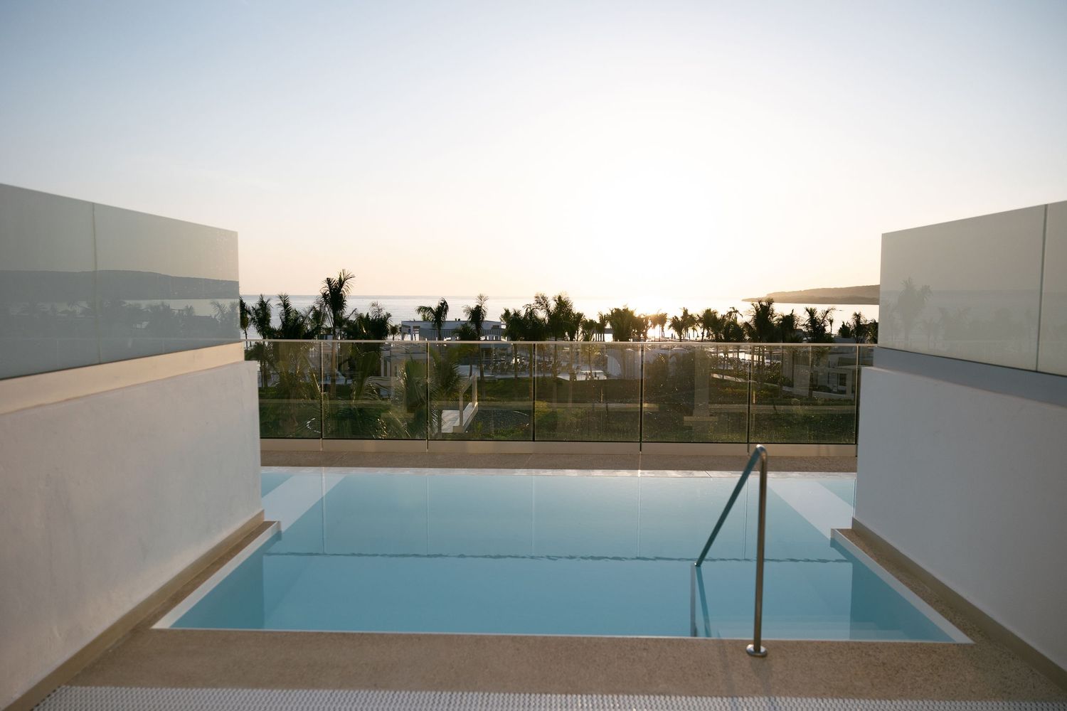 Rooftop infinity pool overlooking palm trees and sunset at a modern resort.