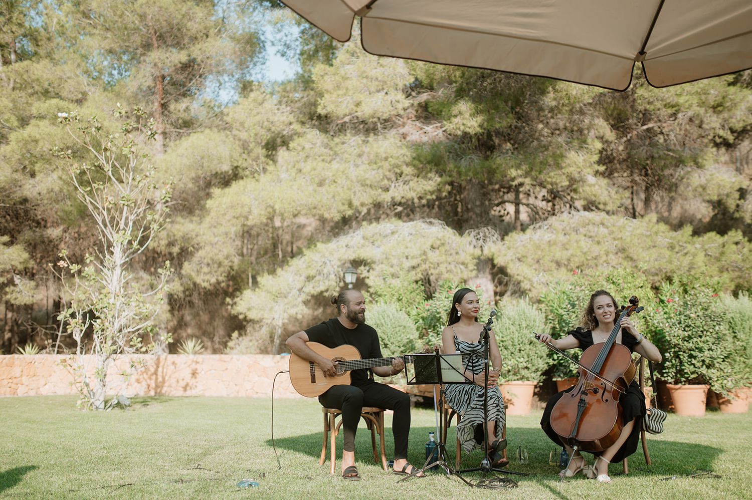 Musicians perform outdoors with guitar and cello under a tent in a garden setting.
