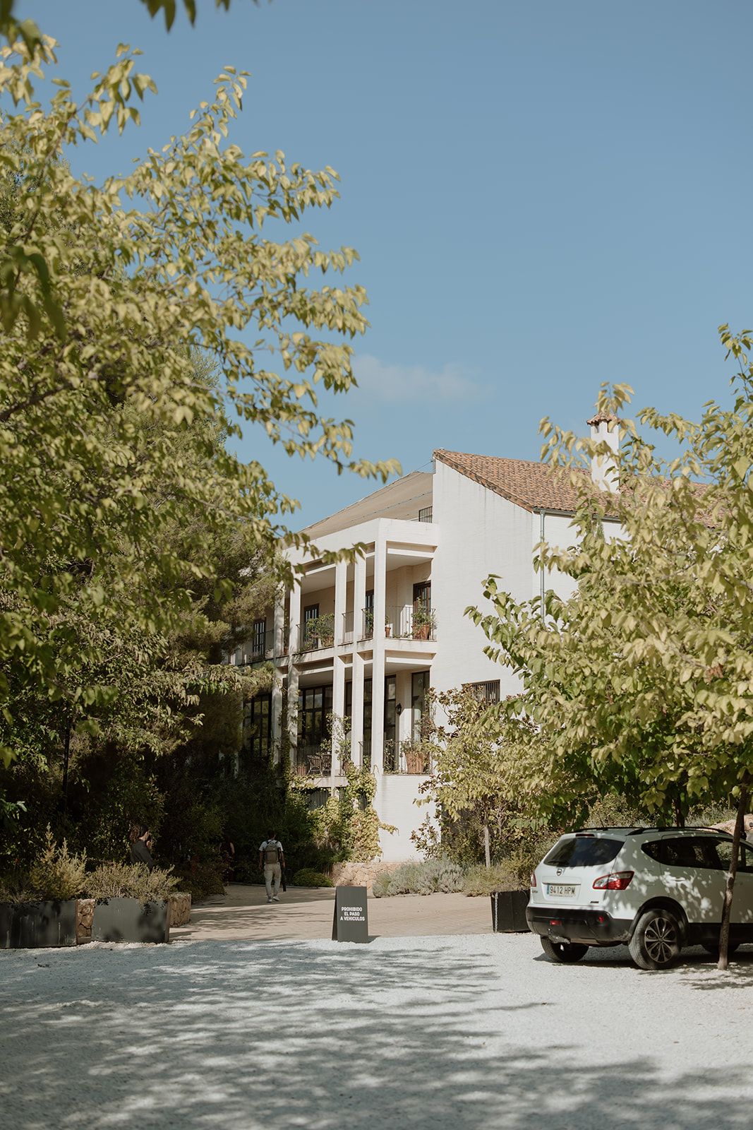 White colonial style building with columns surrounded by trees on sunny day.