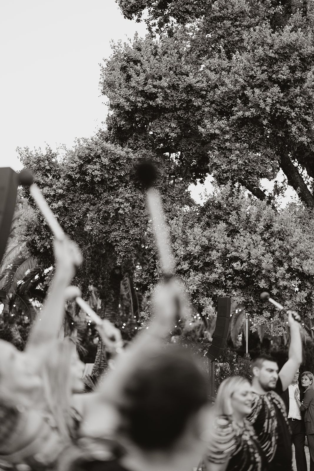 Black and white photo of raised hands celebrating during an outdoor wedding reception.