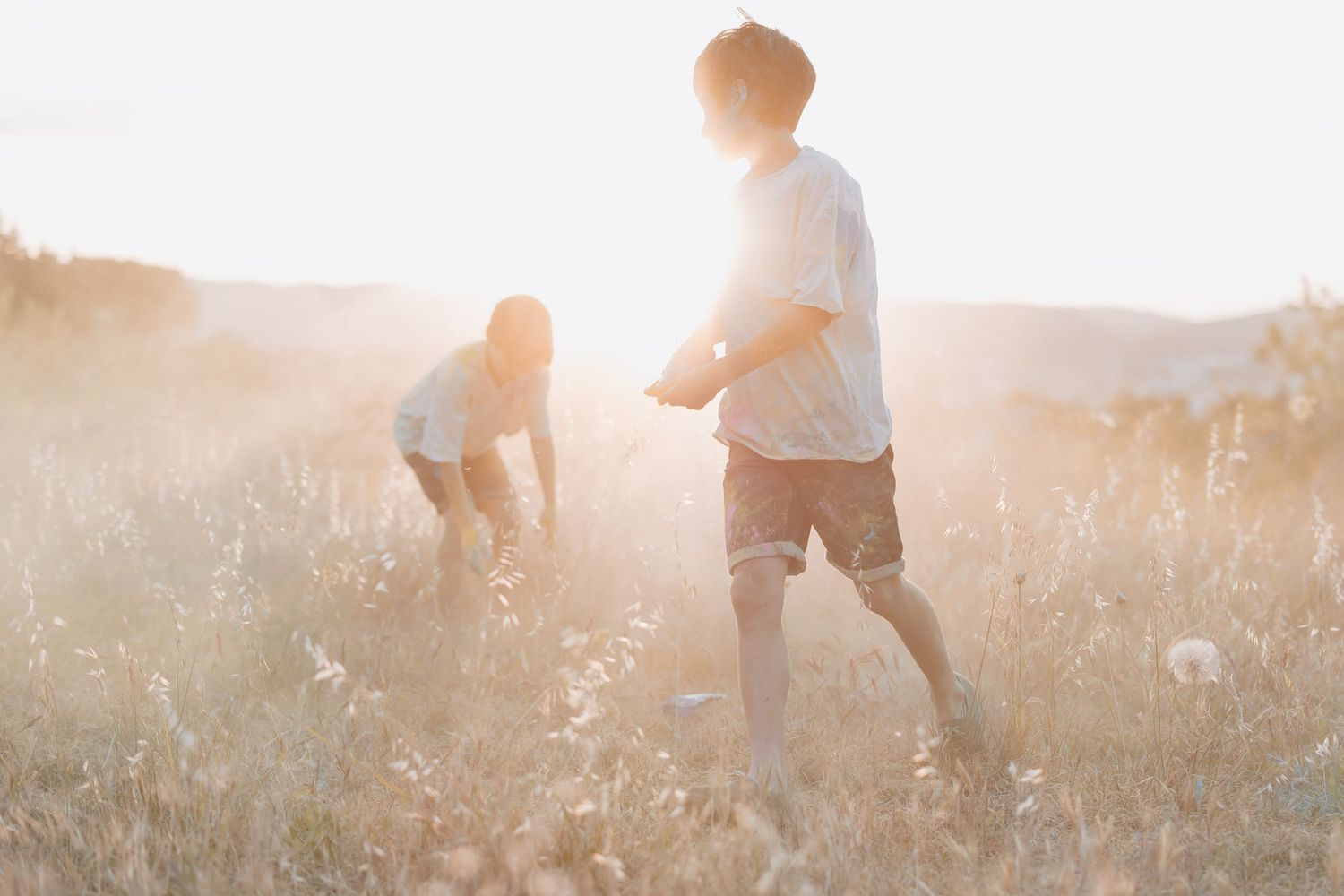 Two silhouetted figures walking in a misty summer meadow during golden hour surrounded by tall grass.