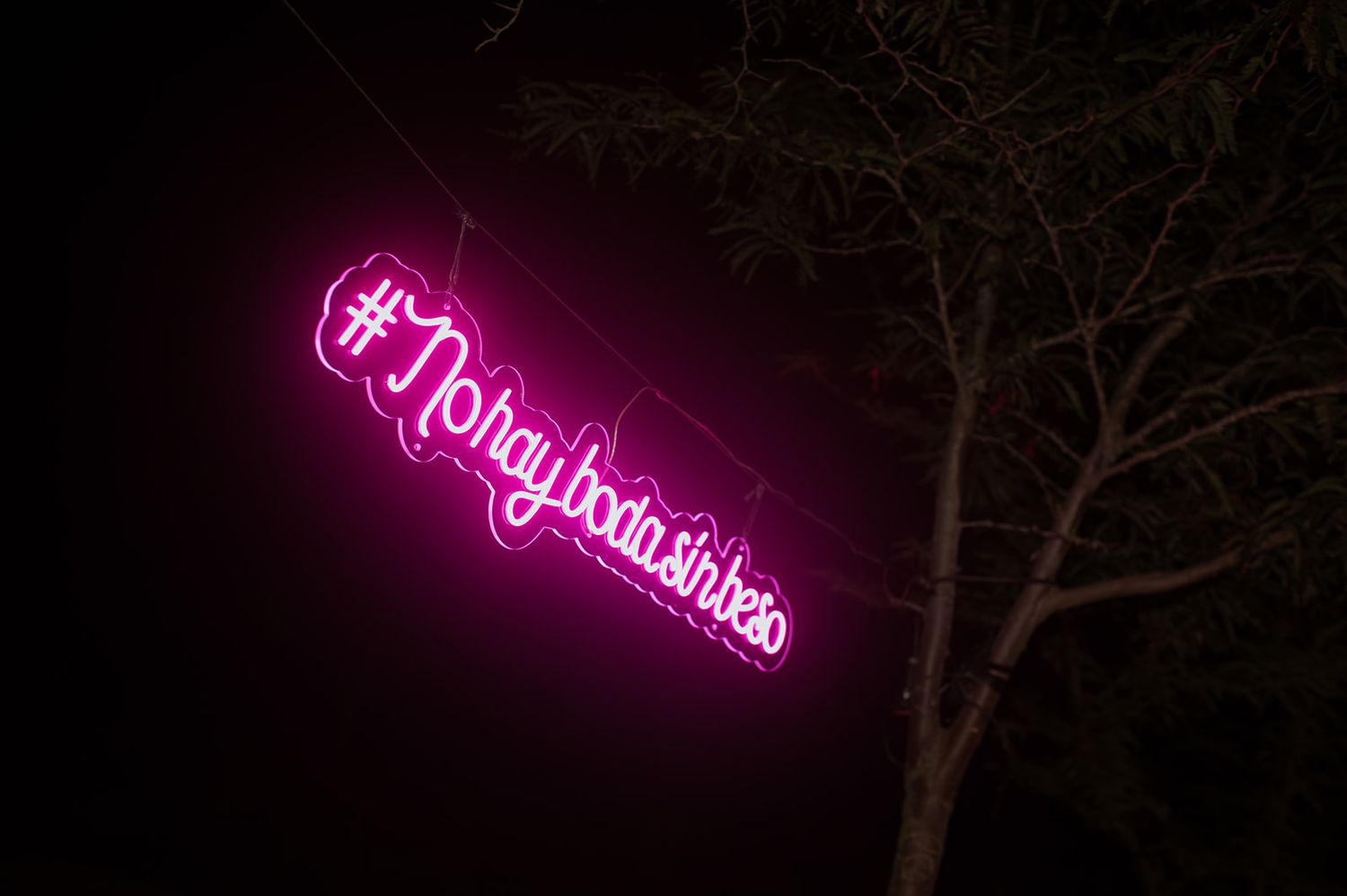 Pink neon sign illuminated against dark tree branches at night.