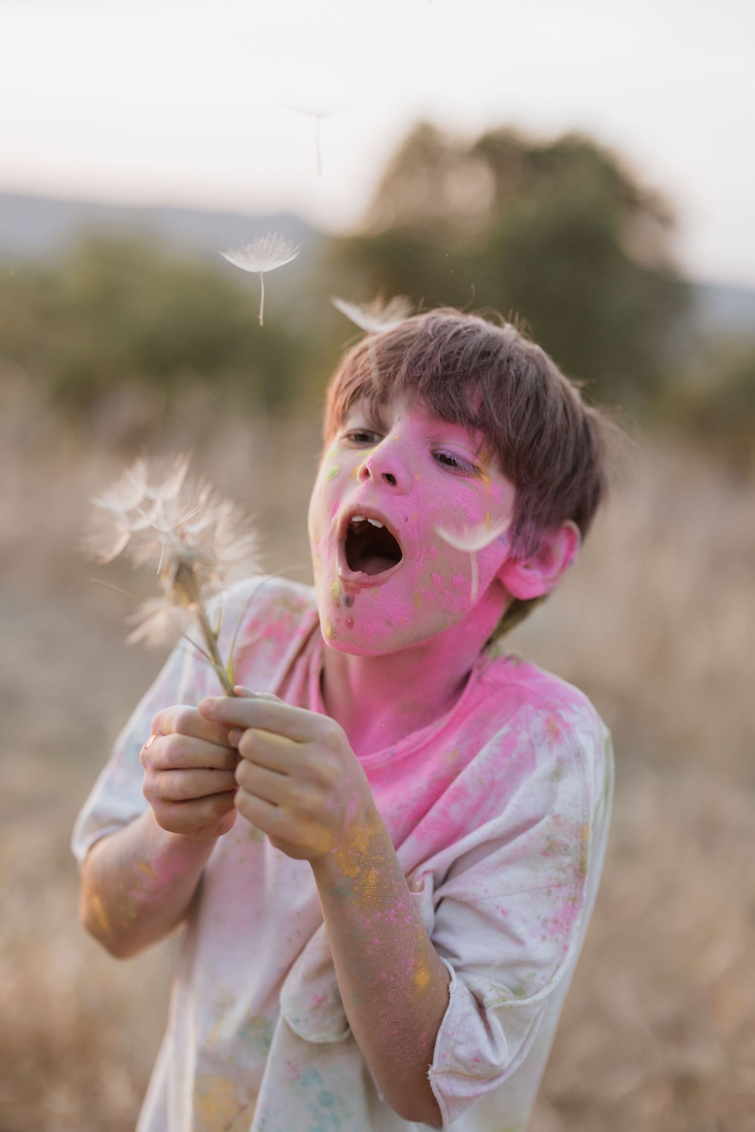 A child blowing and playing with dandelion seeds in warm pink sunset lighting, captured in three sequential photos.