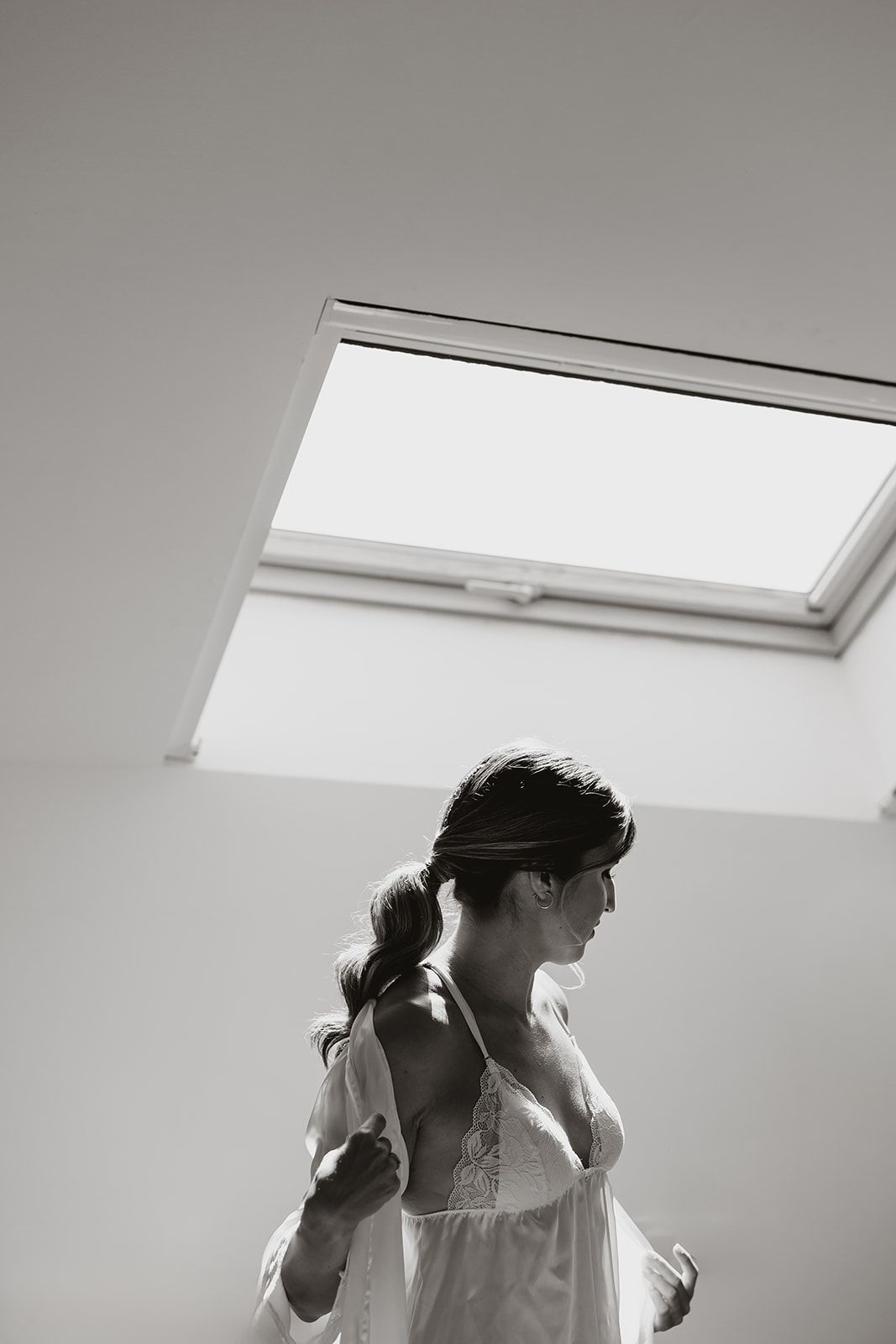 Artistic black and white silhouette photograph taken under a skylight window.