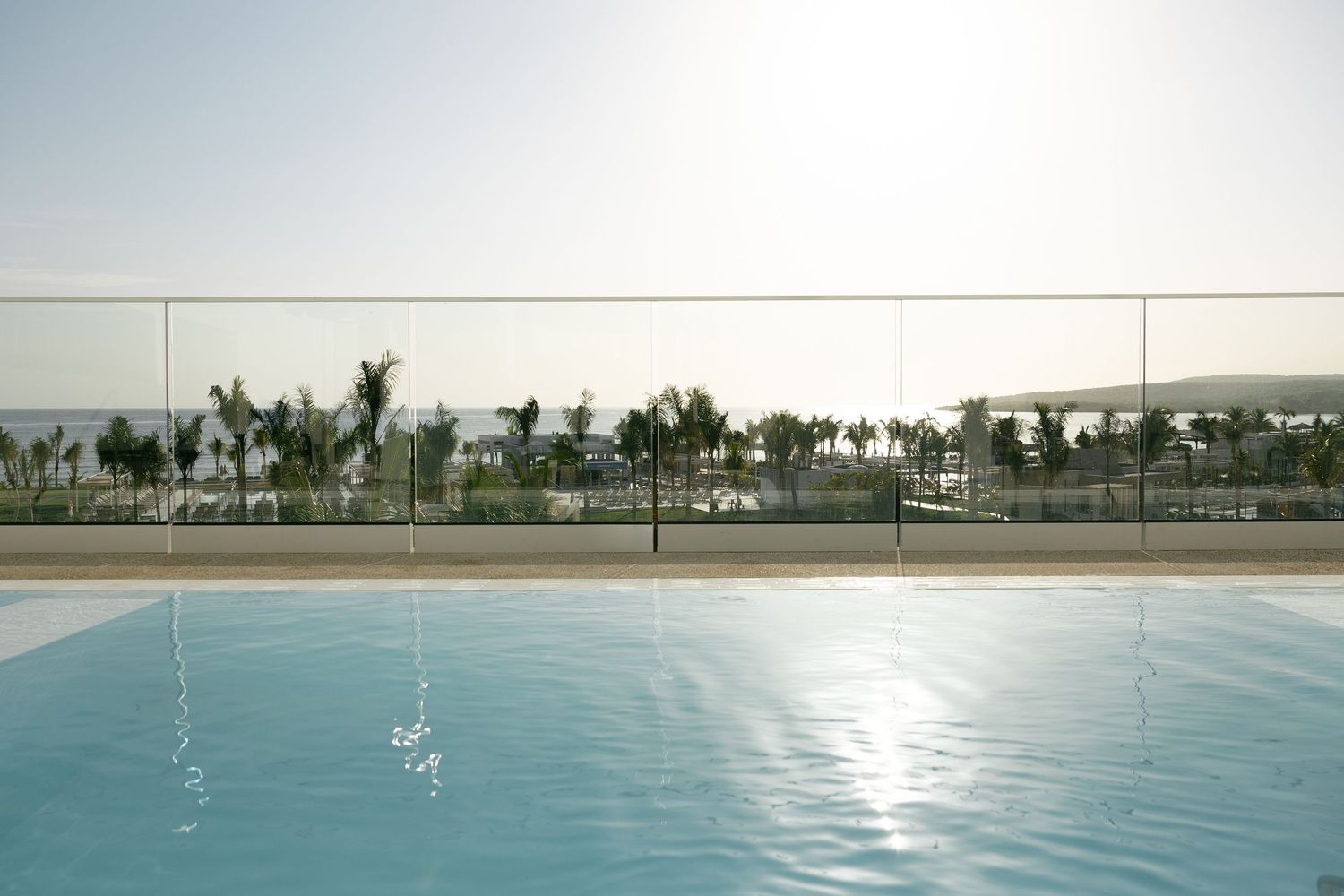 Infinity pool overlooking palm trees and ocean view at sunset.