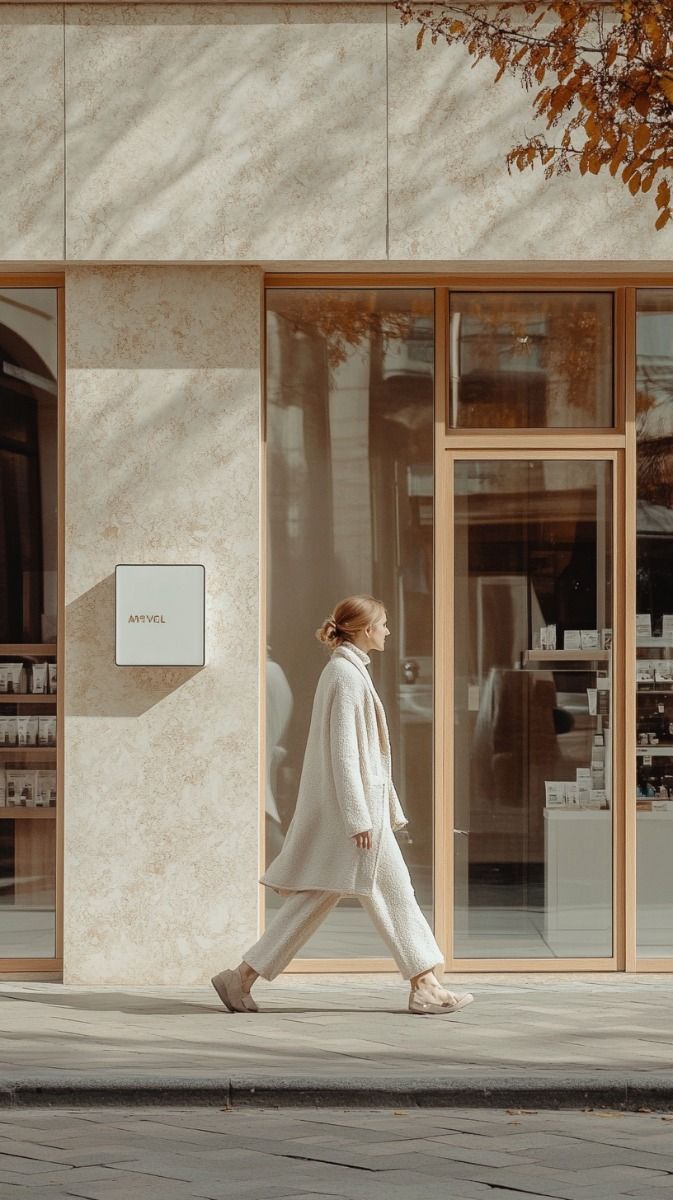 A woman in a white coat walks past a minimalist boutique store with warm beige stone facade and gold-framed windows.