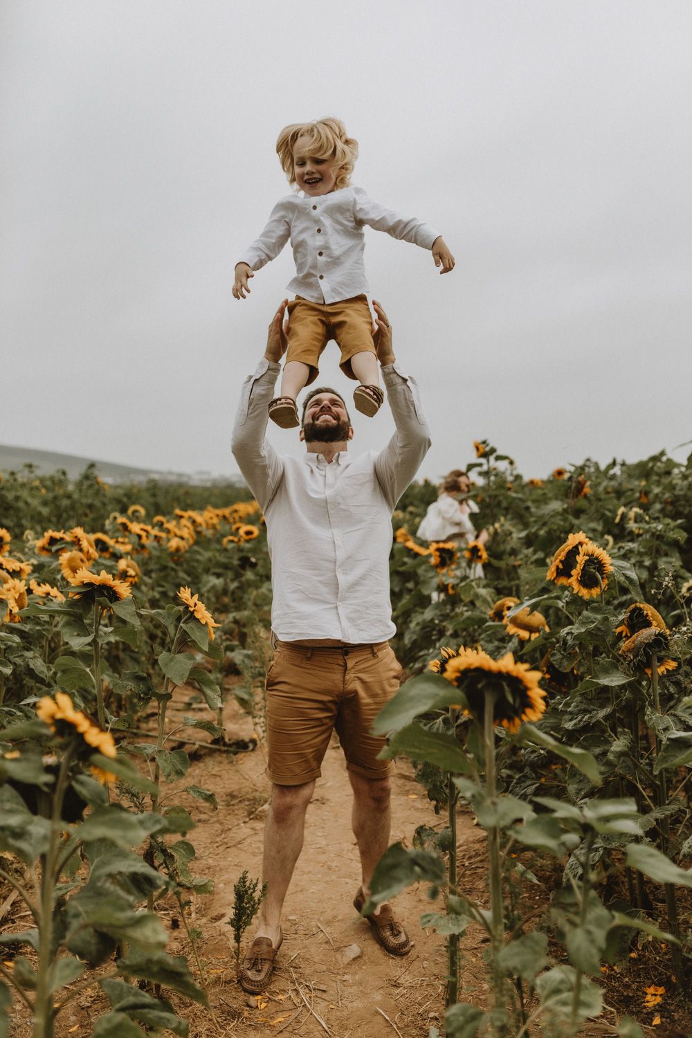 Joyful lifting moment captured in sunflower field on cloudy day.
