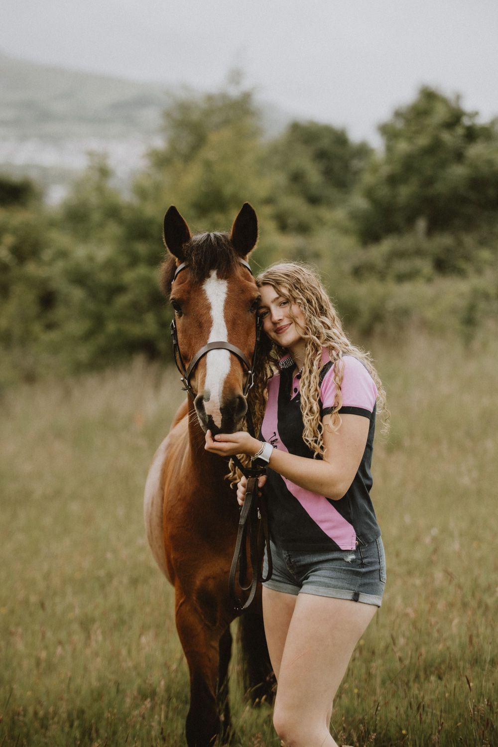 A brown horse with a white blaze stands in a grassy field as someone gently pets its nose.