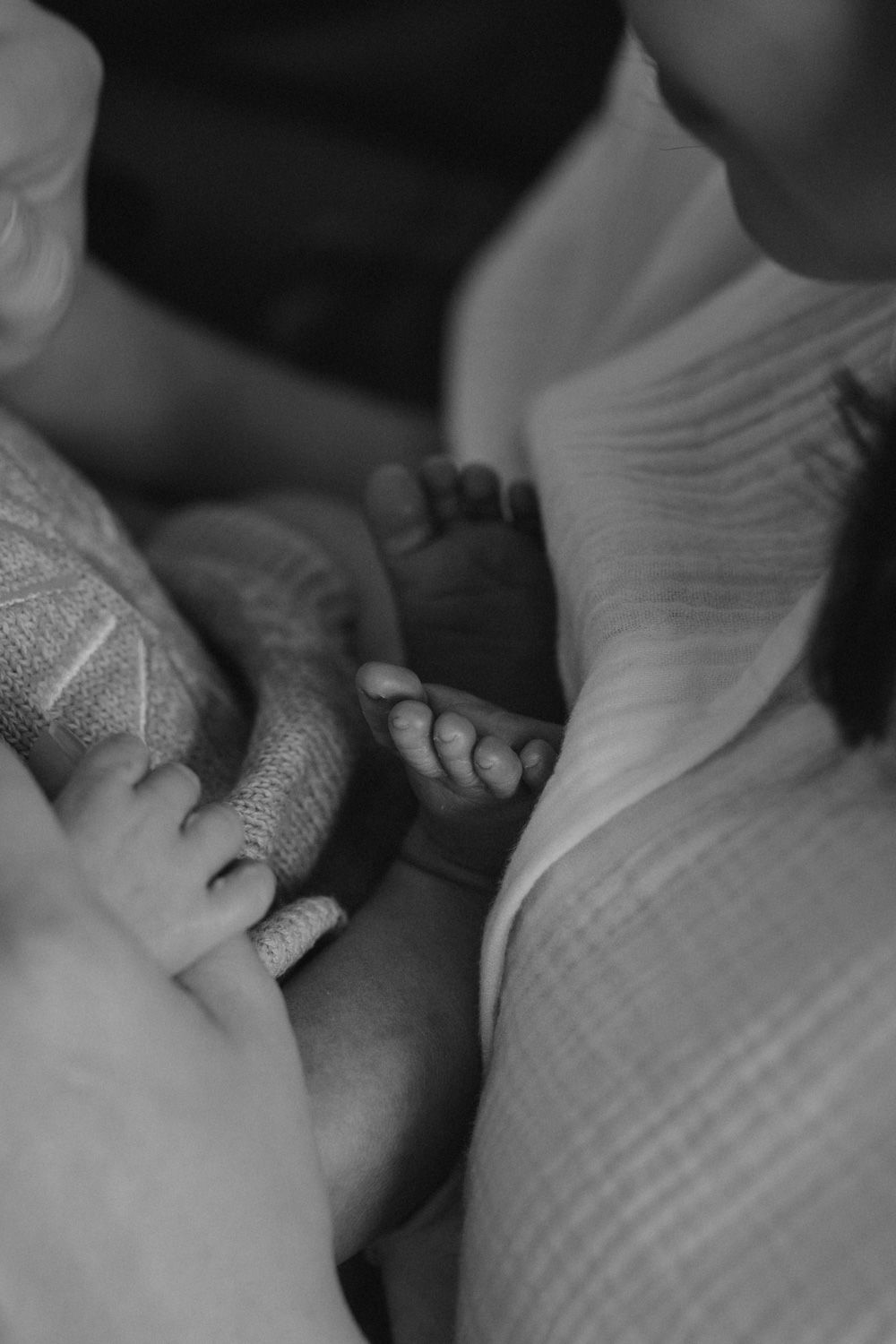 Close up black and white photo showing hands gently caressing a newborn baby.