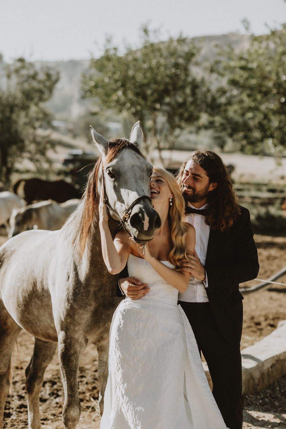 Wedding couple sharing a joyful moment with a white horse in a sunny field.