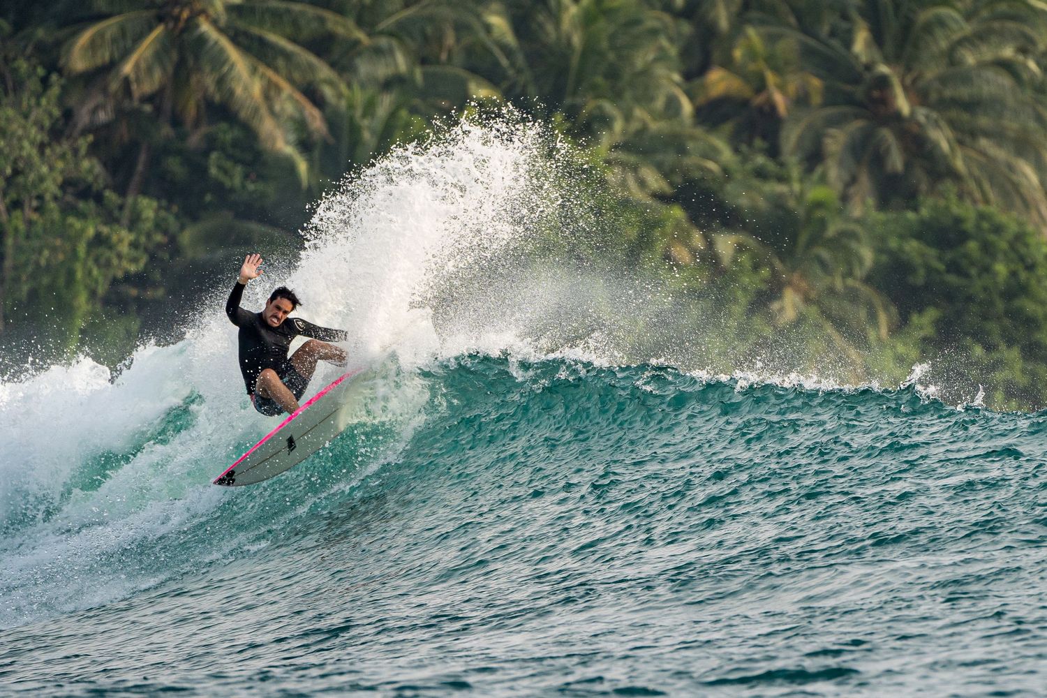 Surfer carving under the palm trees in tropical reef break – CK Surf Mentawai