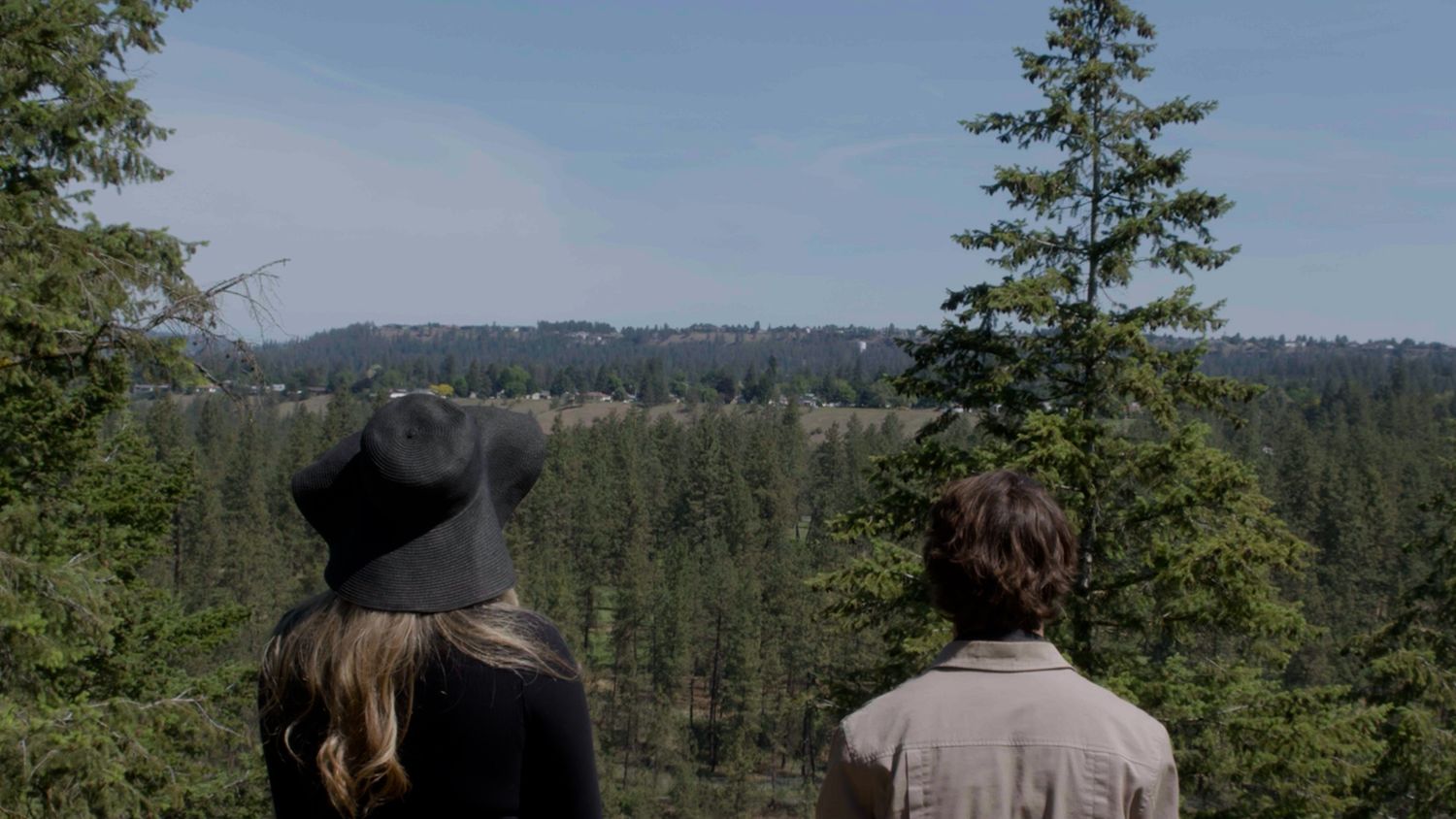 Group of people exploring a scenic forest viewpoint on a clear day.