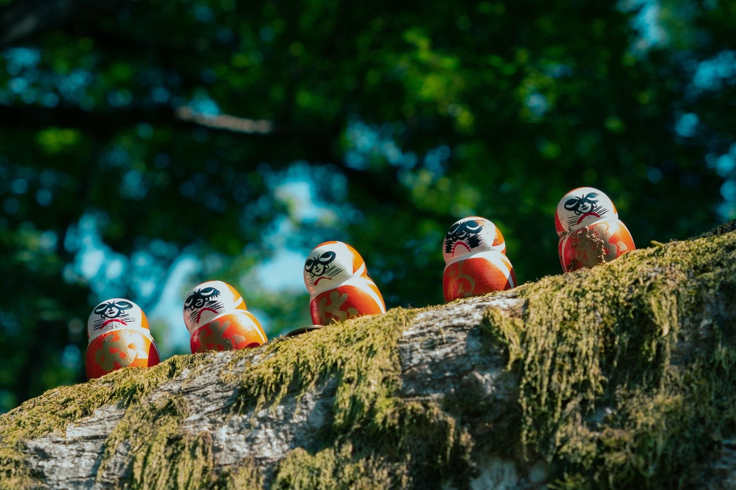 A row of colorful marbles lined up on a mossy log in a natural outdoor setting.