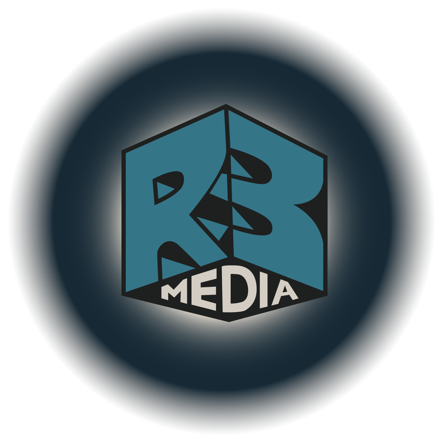 Abstract black and blue technology logo animation showing morphing shapes and media text elements.