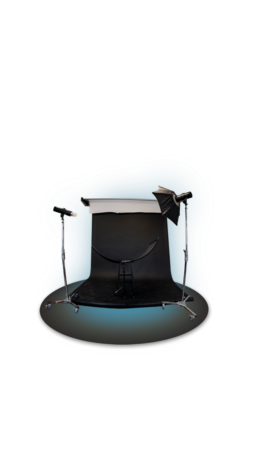 A black curved photography backdrop with lighting equipment shown from four different angles.