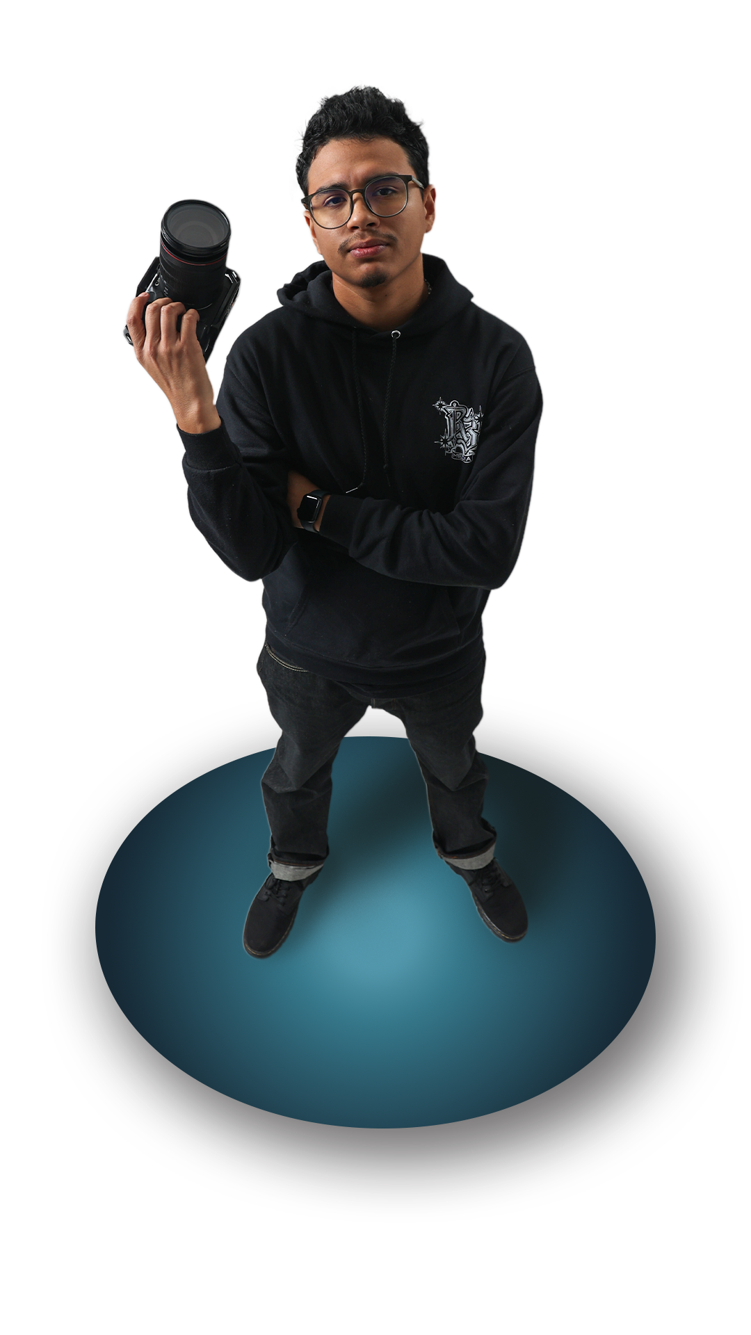 A person wearing glasses and black clothing sits in different poses on a blue circular platform against white background.