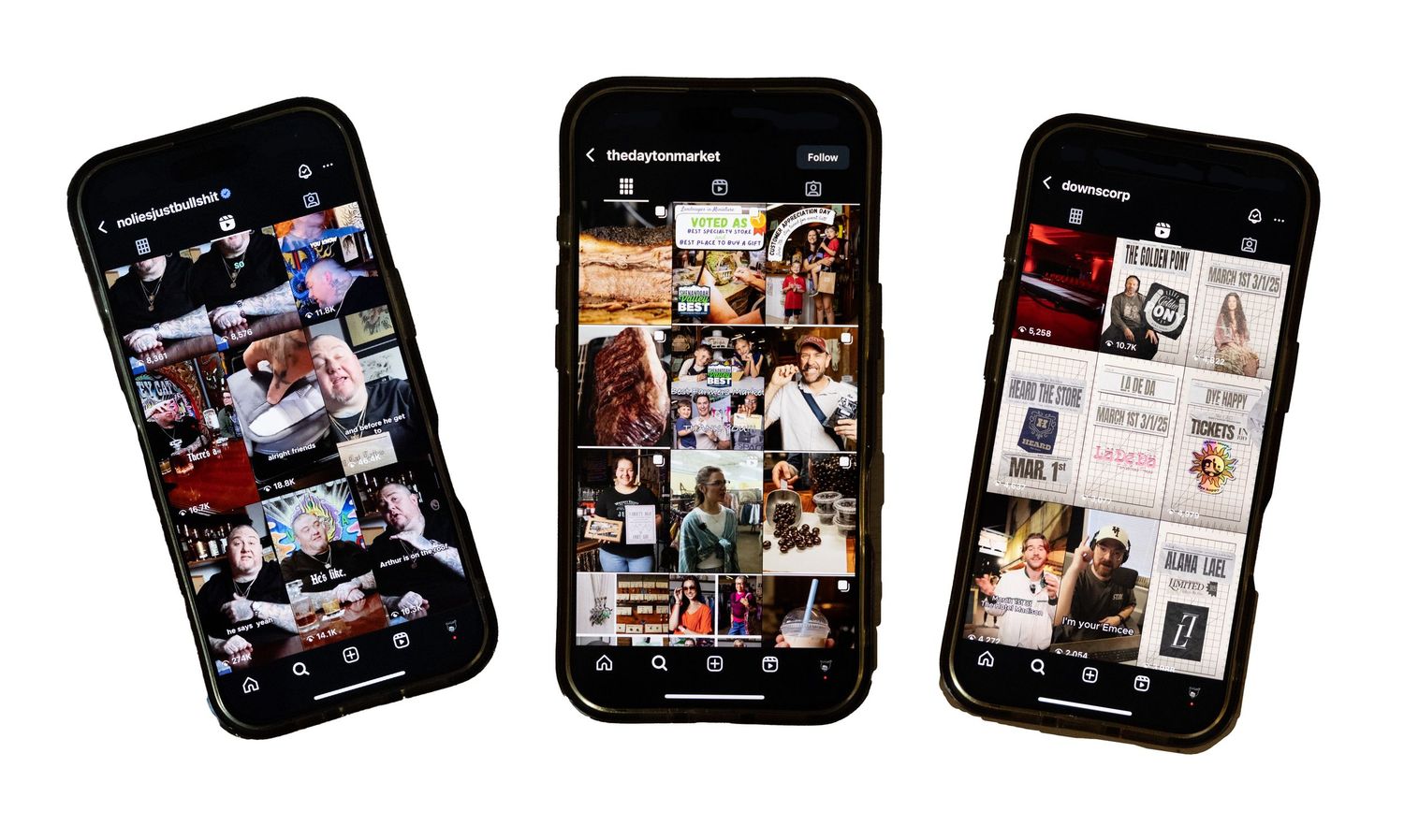 Three iPhones displaying different social media feeds with photo and video content.