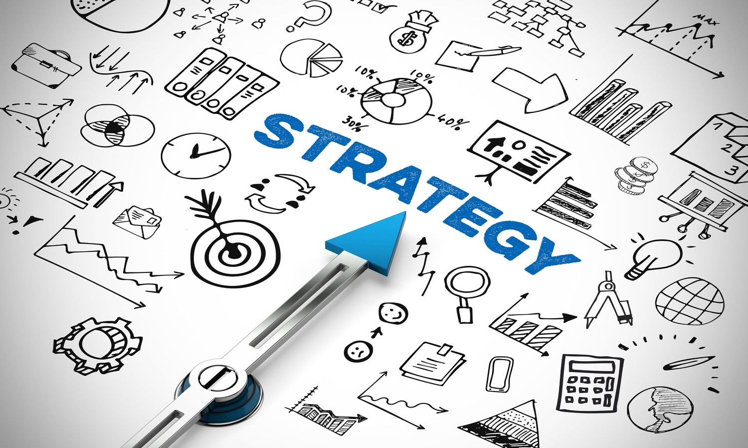 Strategy concept illustration with business icons and arrow pointing to text.