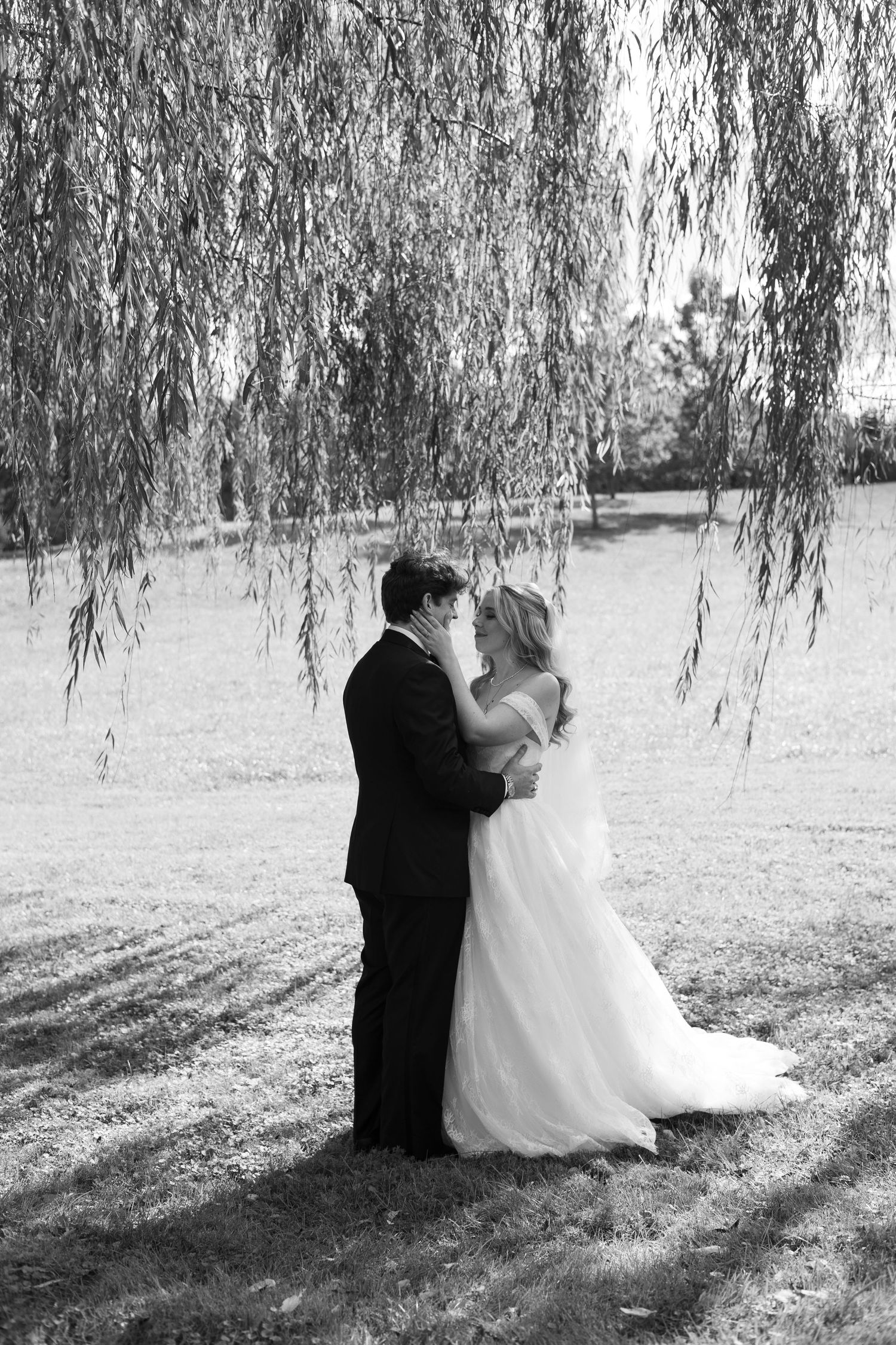 Black and white photo of a bride and groom embracing under a weeping willow tree on a sunny grassy lawn.