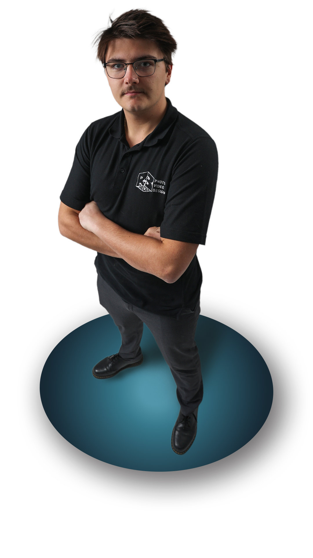 Person in black t-shirt and glasses shown in sequence sitting on blue spherical surface from different angles.