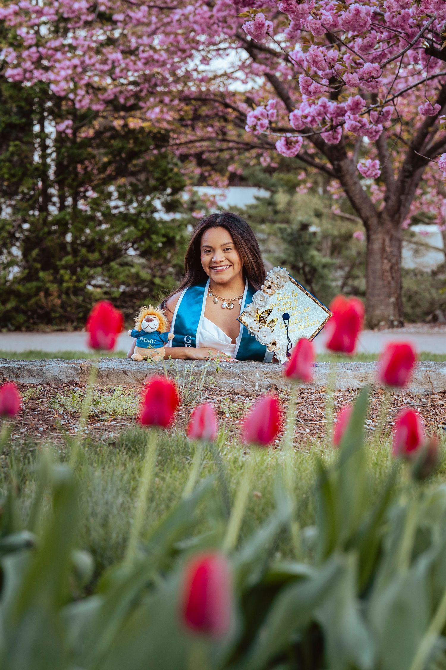 Cherry blossoms and red tulips bloom in a spring garden while someone relaxes on a blanket beneath the pink petals.