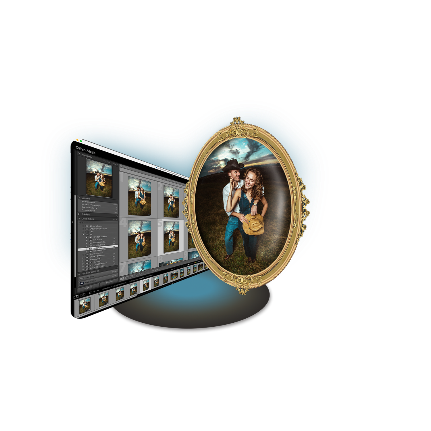A sequence of icons showing a digital photo editing and viewing process with a magnifying glass and film strip interface.