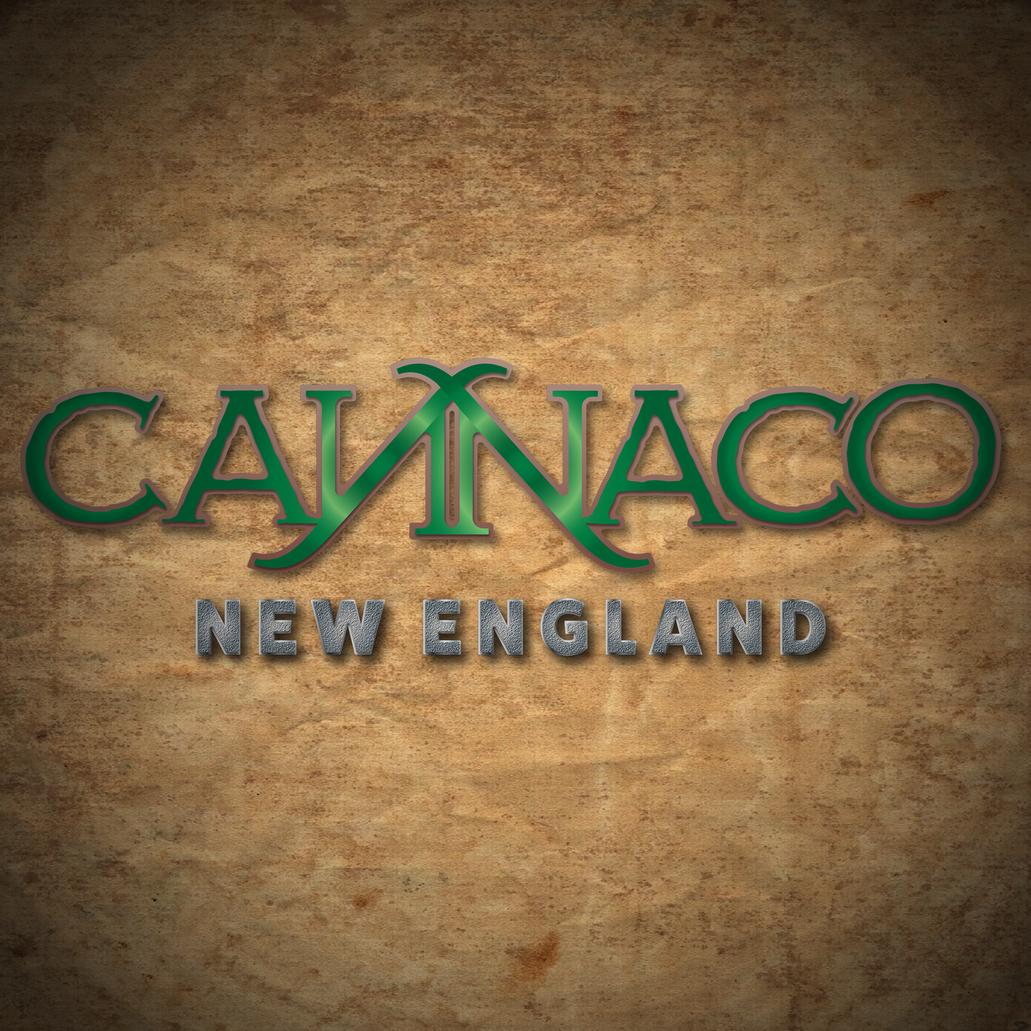 Calligraphic text logo designs for Calligaco New England on textured brown background.