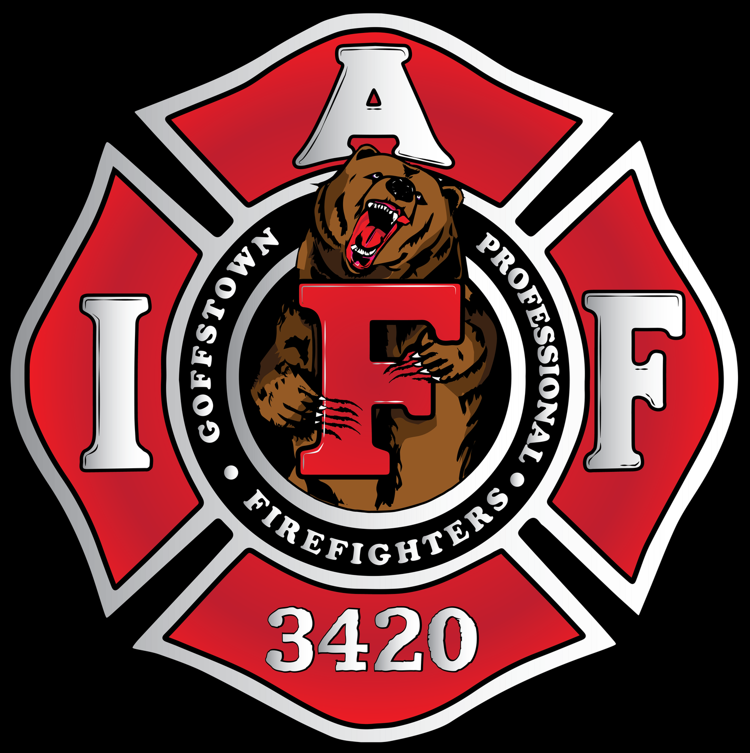 Firefighters union logo featuring a fierce bear mascot within a red and white maltese cross.