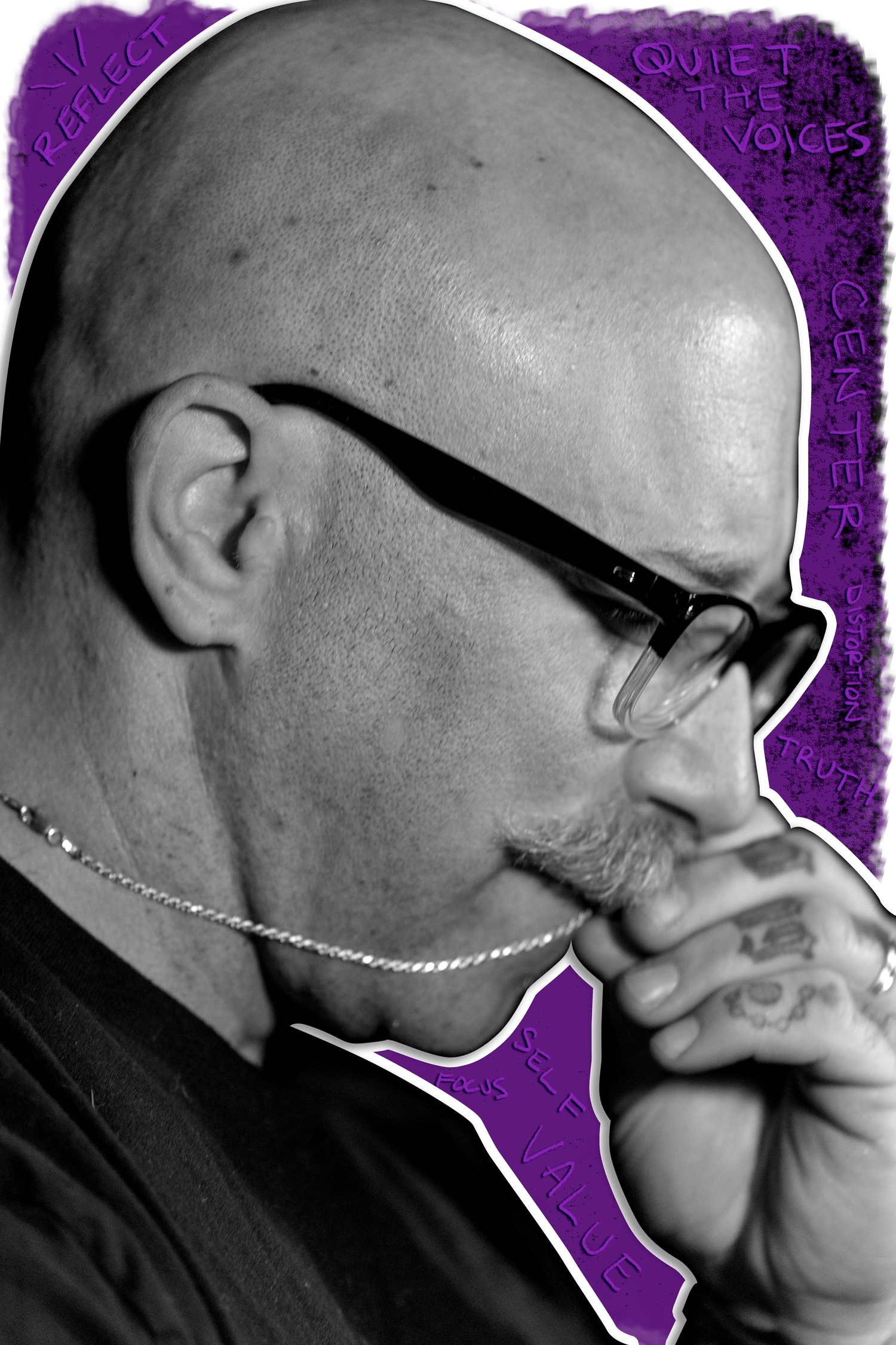 Profile silhouettes in black and white against purple background show artistic portrait sequence.