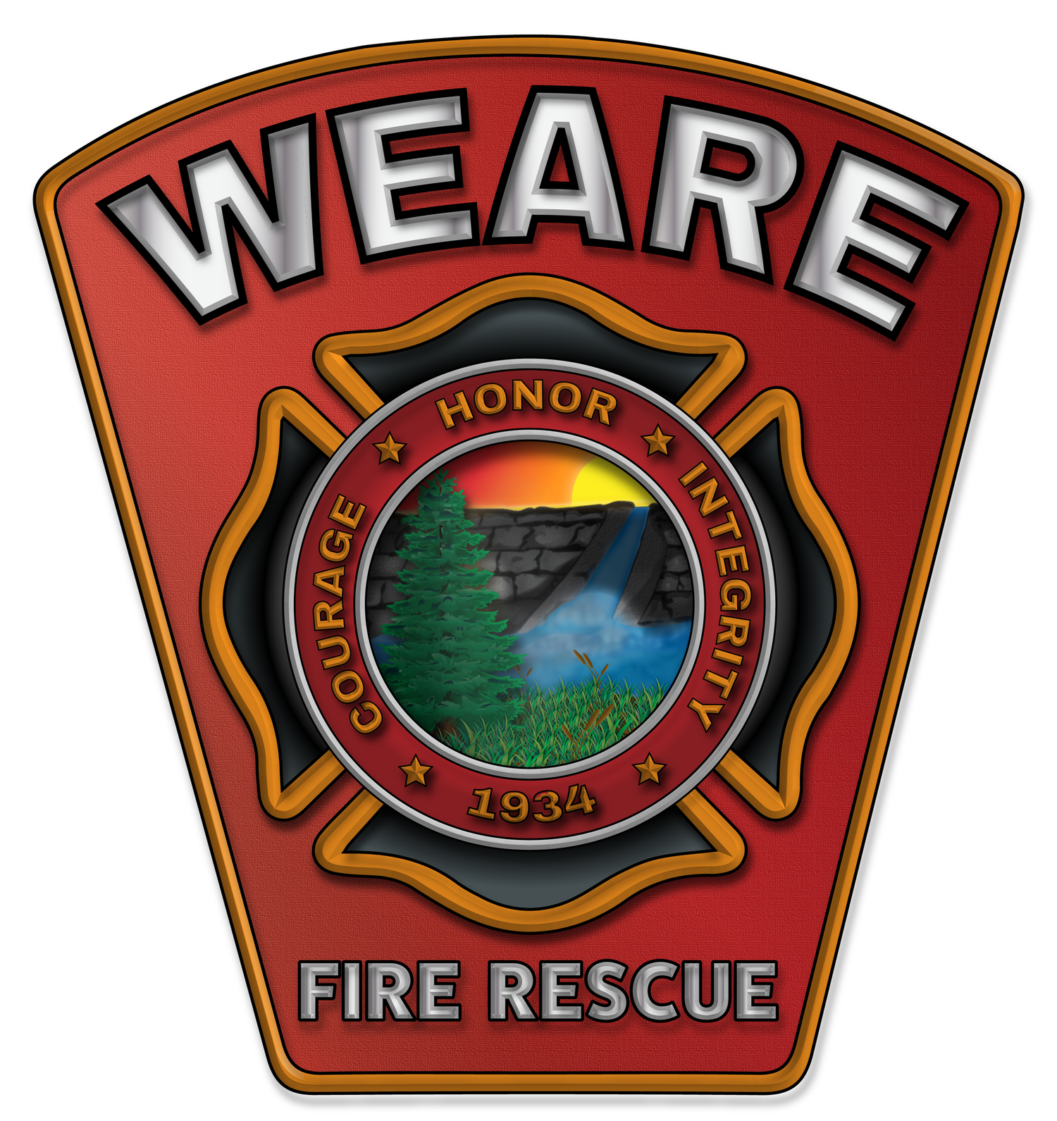 Red and gold fire rescue department shield badge with 'Weare' text and scenic center emblem.
