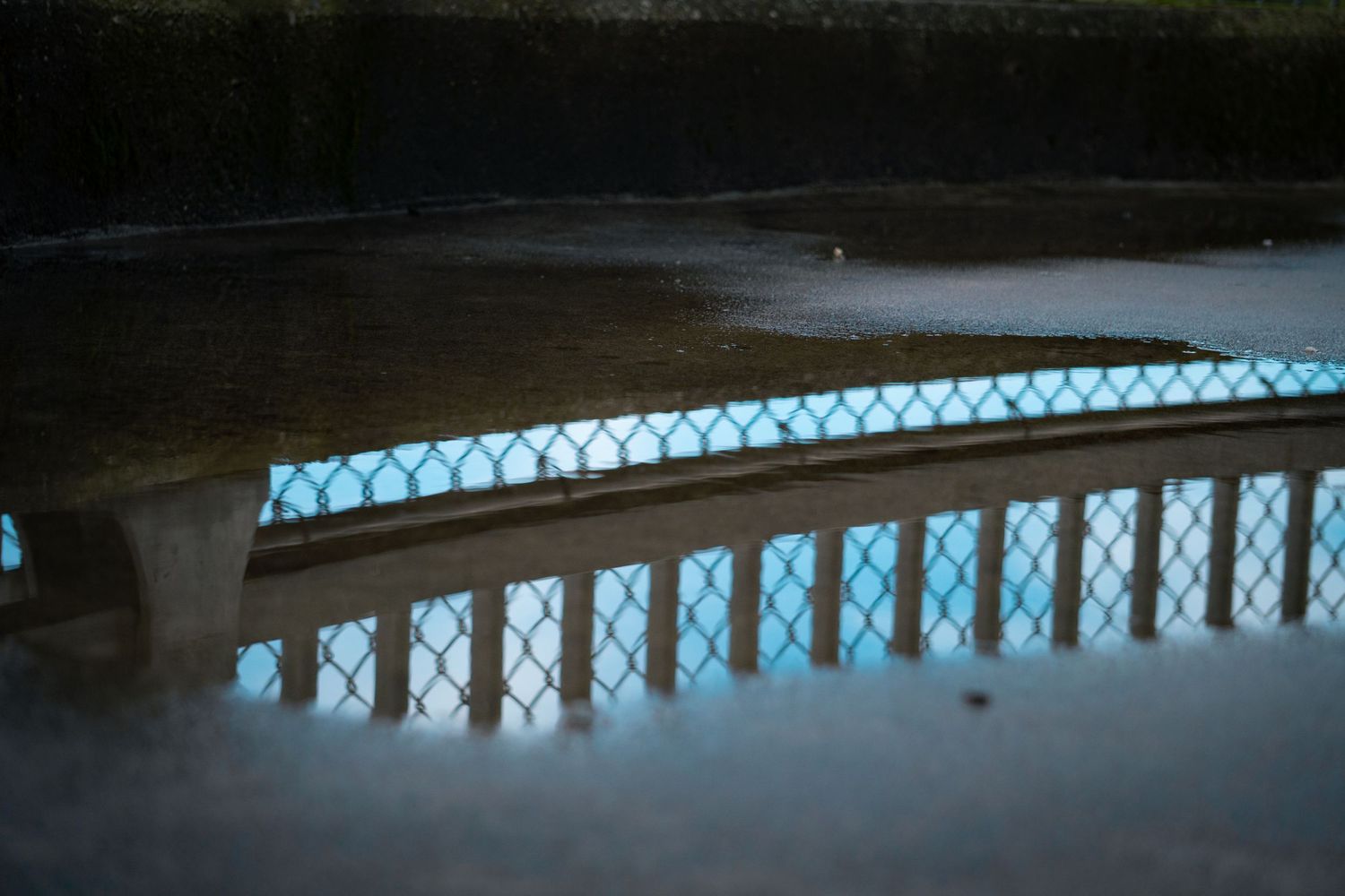 Blue illuminated railing reflected in dark water at night.