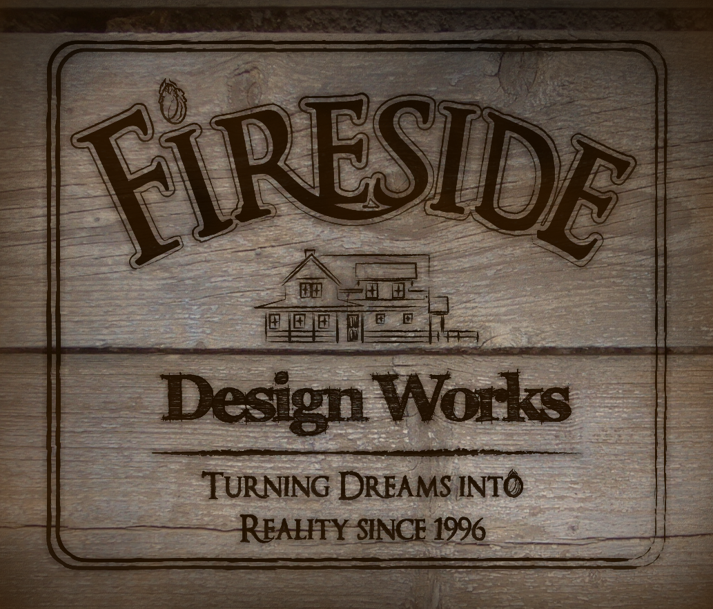 Wood engraved company logos for Fireside Design Works with architectural elements.