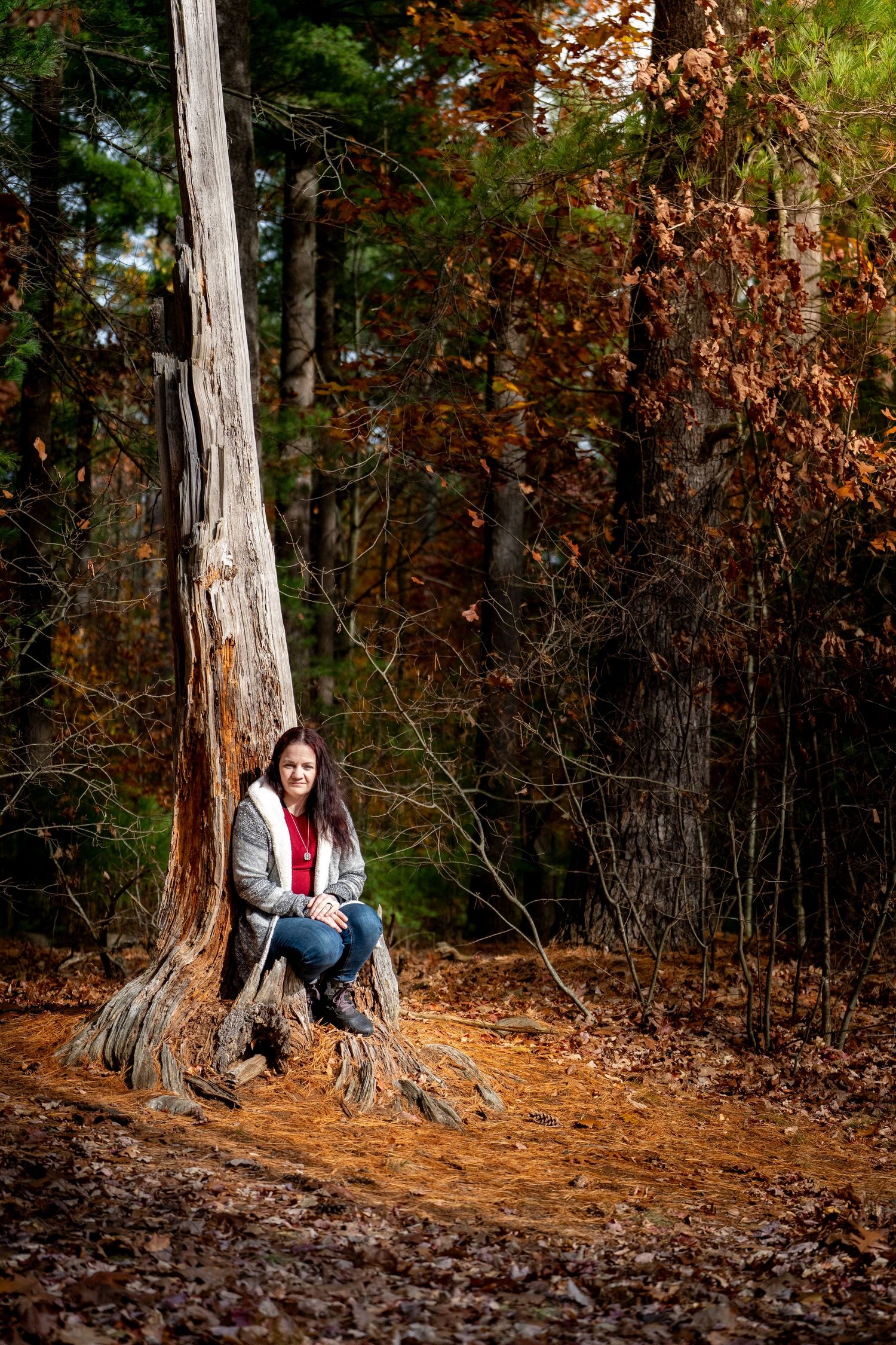 A person sits against a large tree trunk in an autumn forest setting with fallen leaves scattered on the ground.