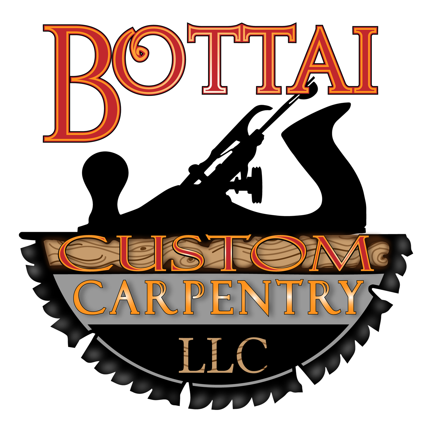 A collection of carpentry and custom woodworking company logos with saw blade design elements.