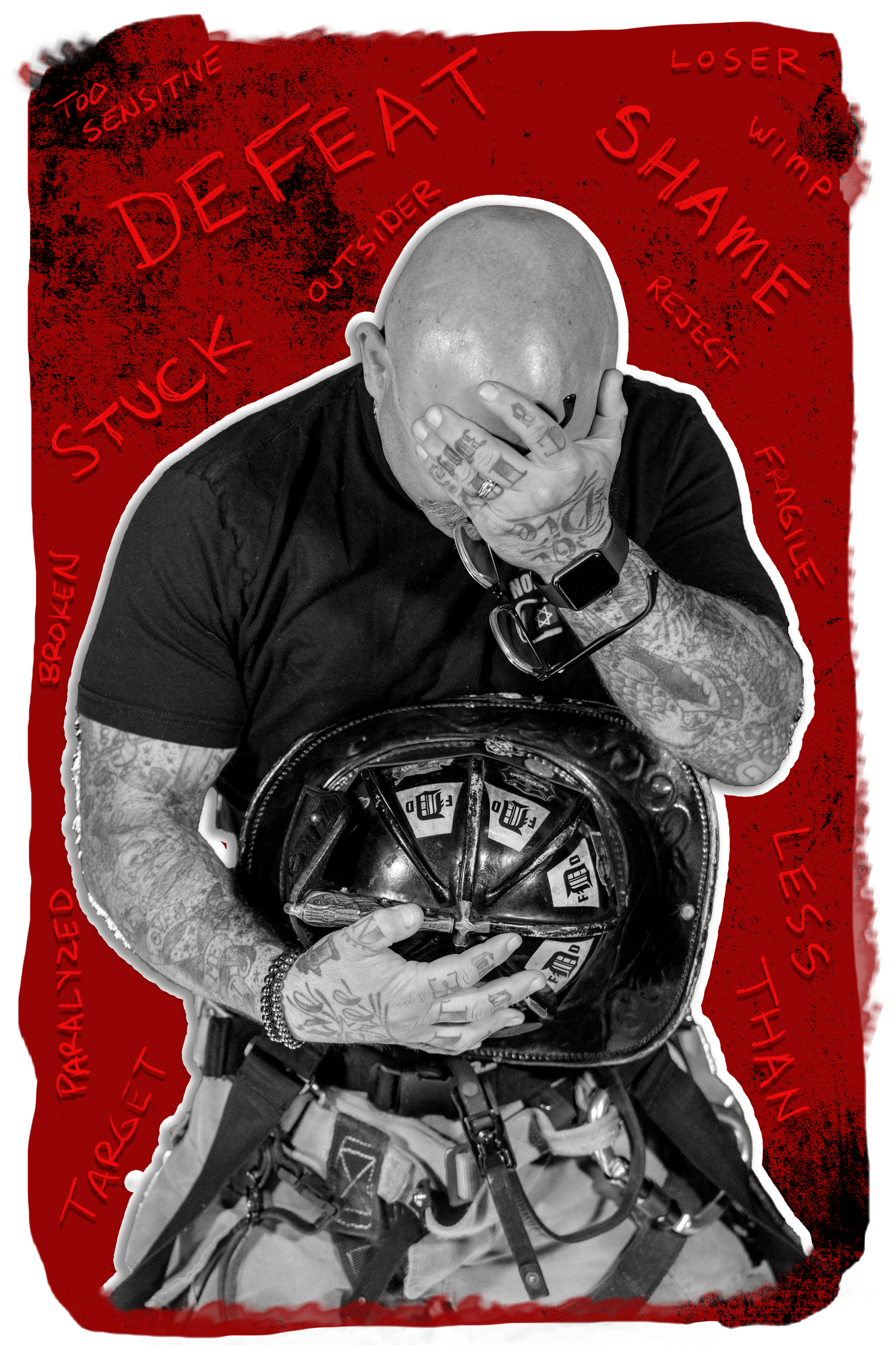 Dramatic black and white photos on red background show person cradling and examining small objects in their hands.