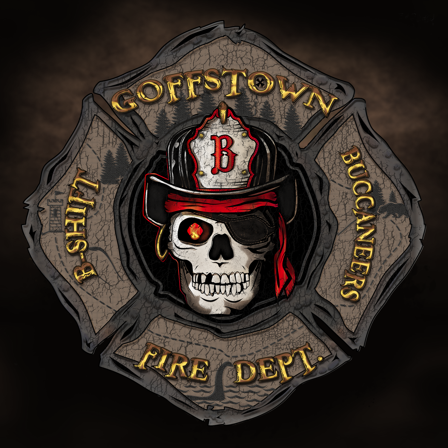 A series of dark vintage-style fire department badges featuring skull designs.