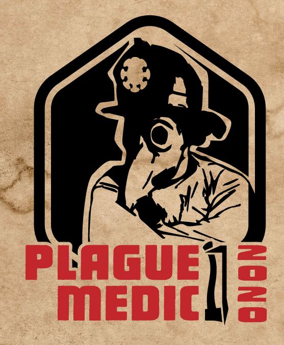 A vintage-style banner series featuring medical plague doctor imagery and text in red.