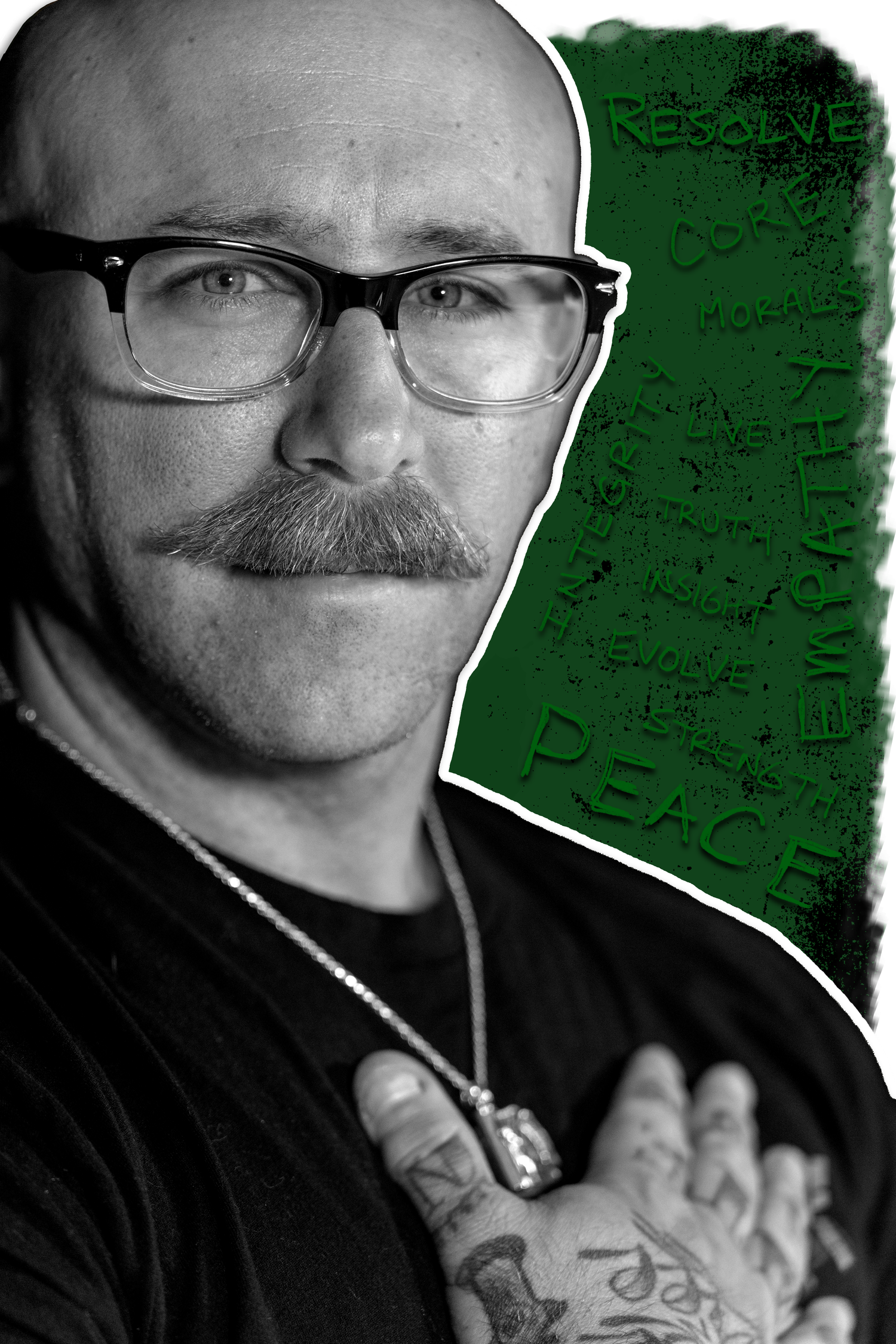 Black and white portrait photo series showing a person wearing glasses and smiling in different poses against a dark background.