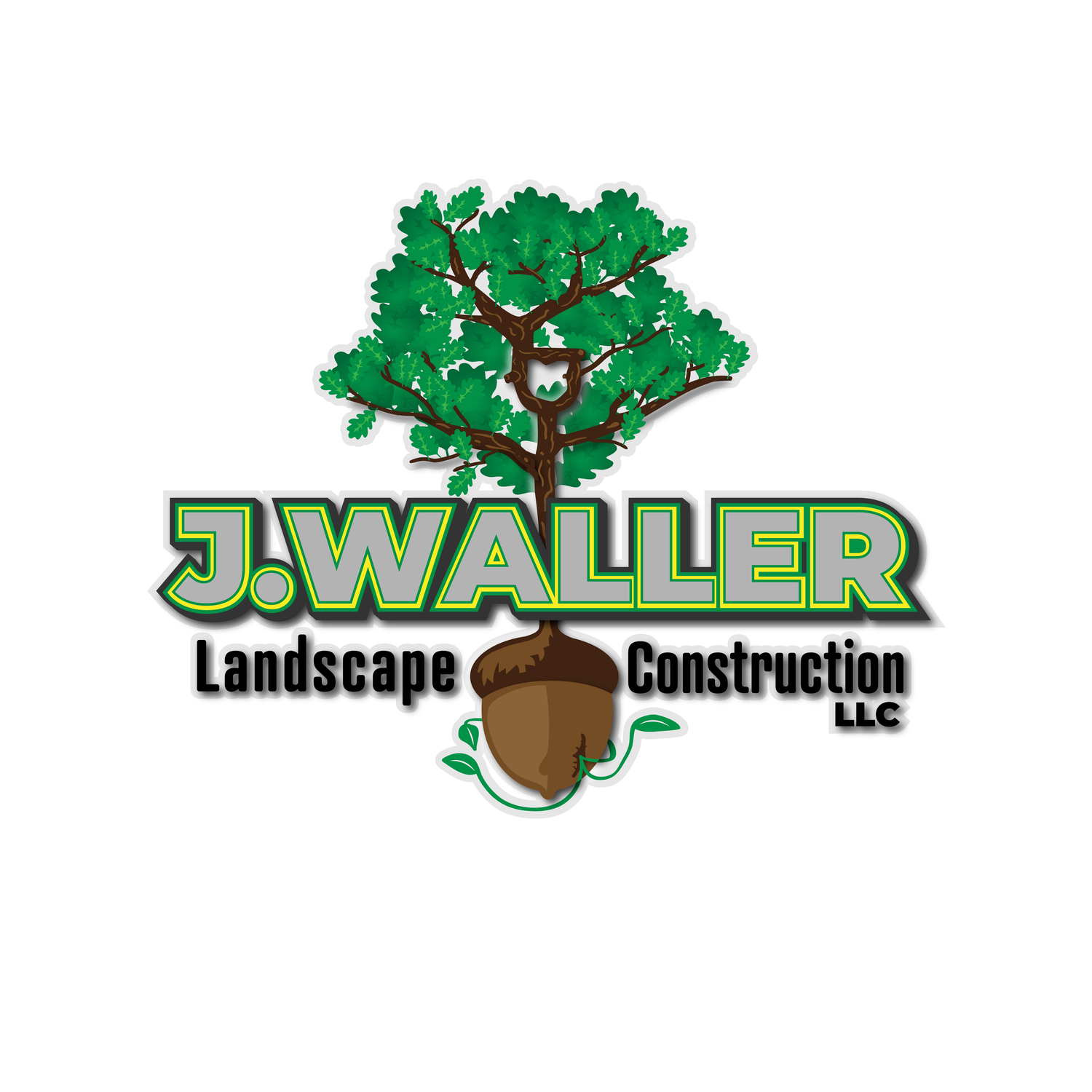 Landscape construction company logo featuring a green tree with an acorn design.