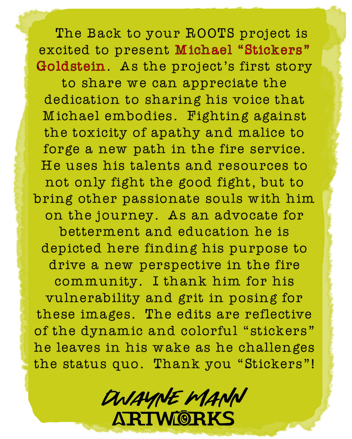A yellow-tinted text block describes the Back to Your Roots project and its dedication to sharing voices in the fire service.