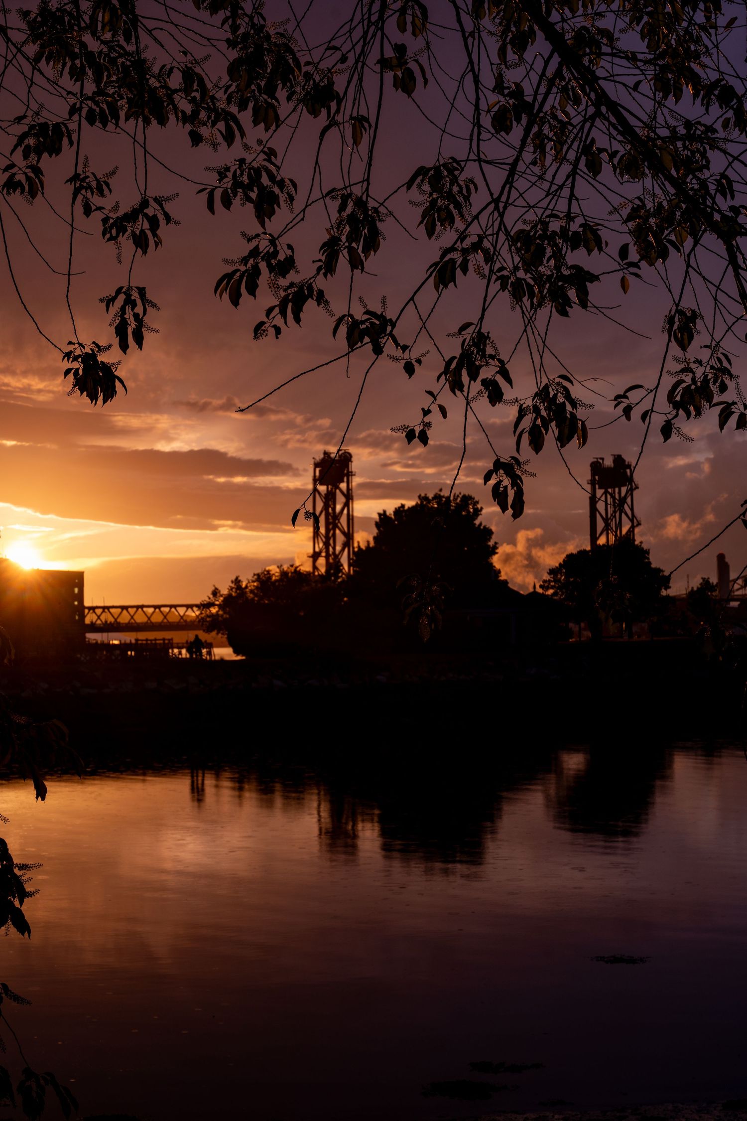 Silhouette of a lift bridge at golden sunset reflected in calm river water, framed by dark tree branches.