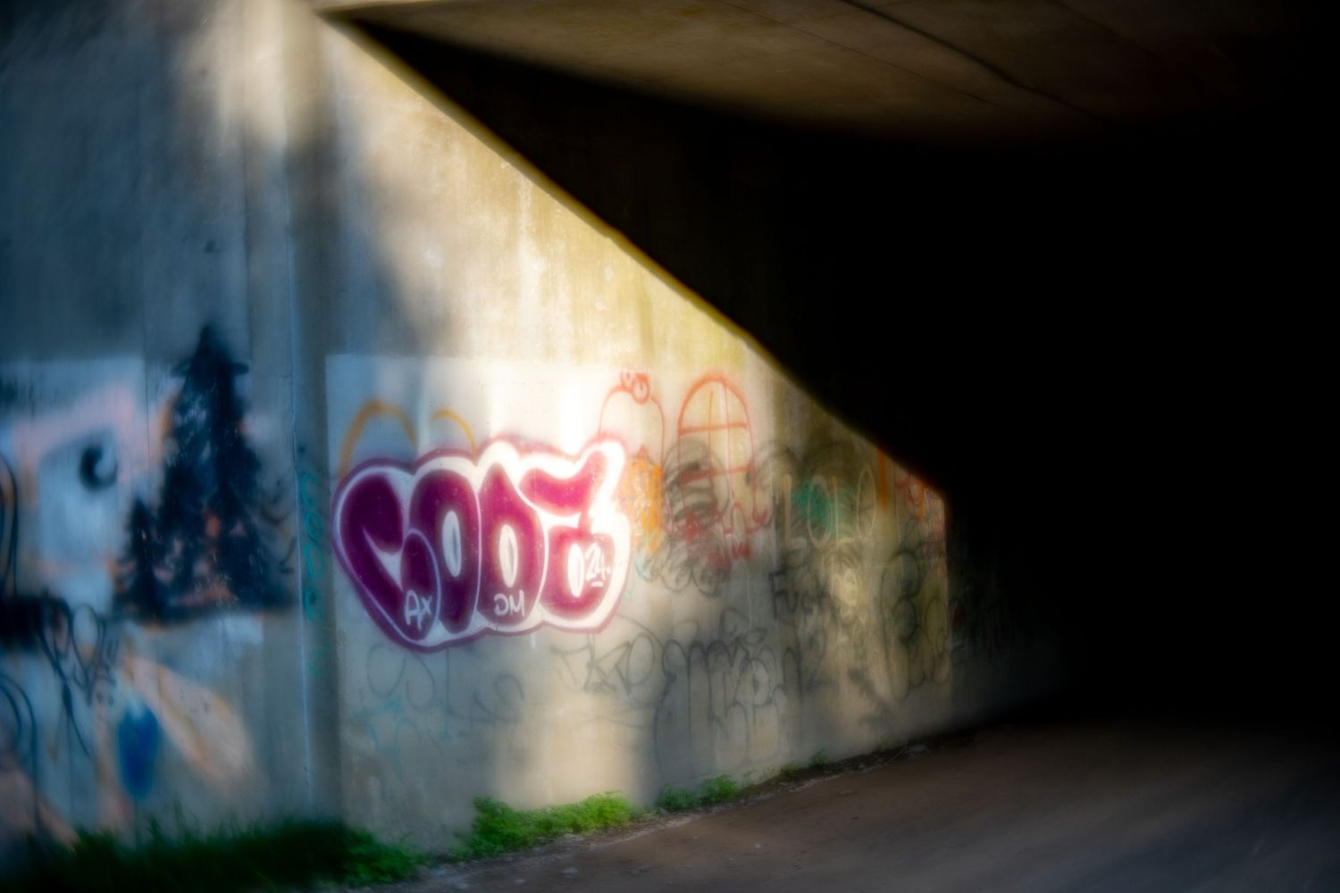 Graffiti-covered concrete tunnel wall with colorful street art tags illuminated by natural light.