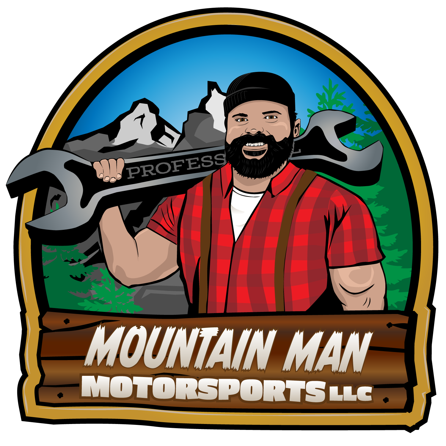 Outdoor motorsports company logo featuring an illustrated mechanic against mountain backdrop.