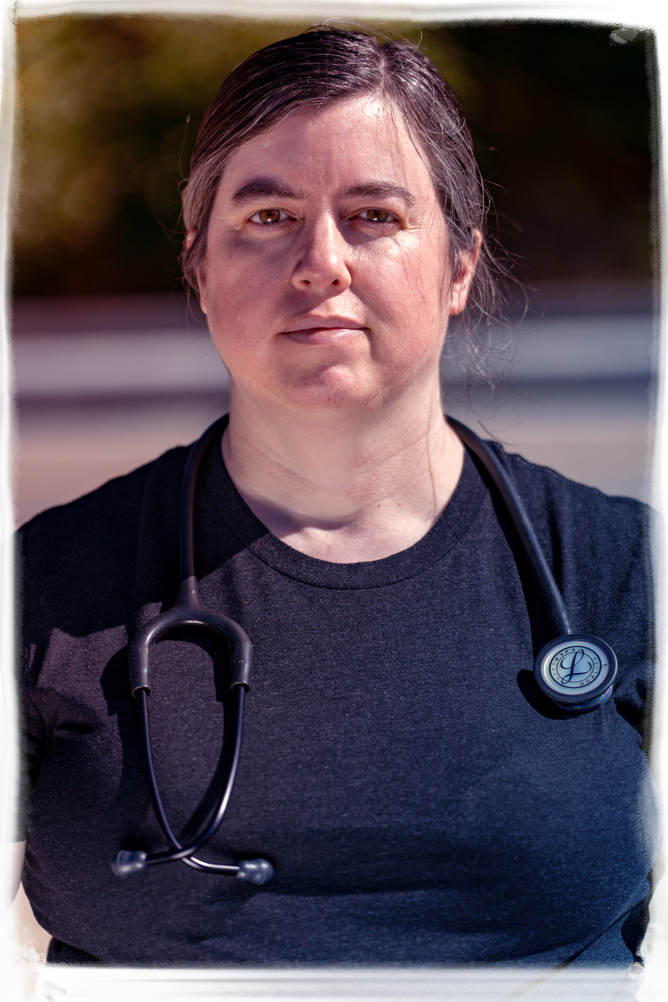 Medical professional wearing a stethoscope and dark shirt shown in multiple close-up profile views.